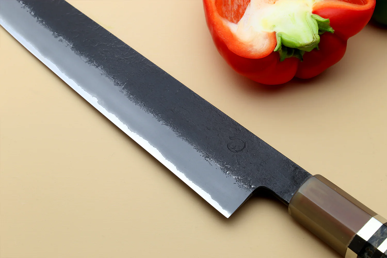 Hayate Hinoura Kurouchi Black-Forged Blue Steel Stainless Clad Sujihiki Slicer Knife - Image 4