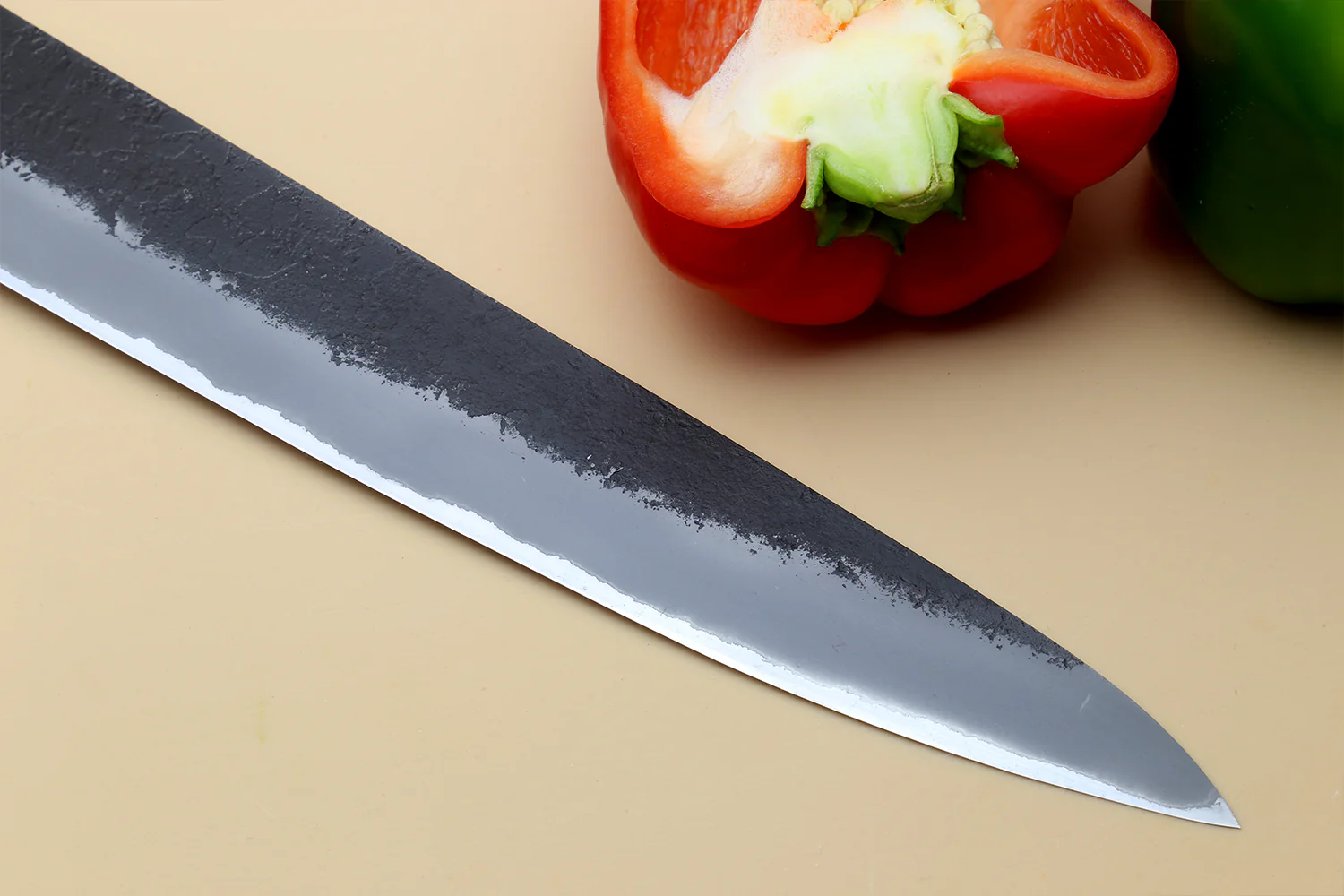 Hayate Hinoura Kurouchi Black-Forged Blue Steel Stainless Clad Sujihiki Slicer Knife - Image 5