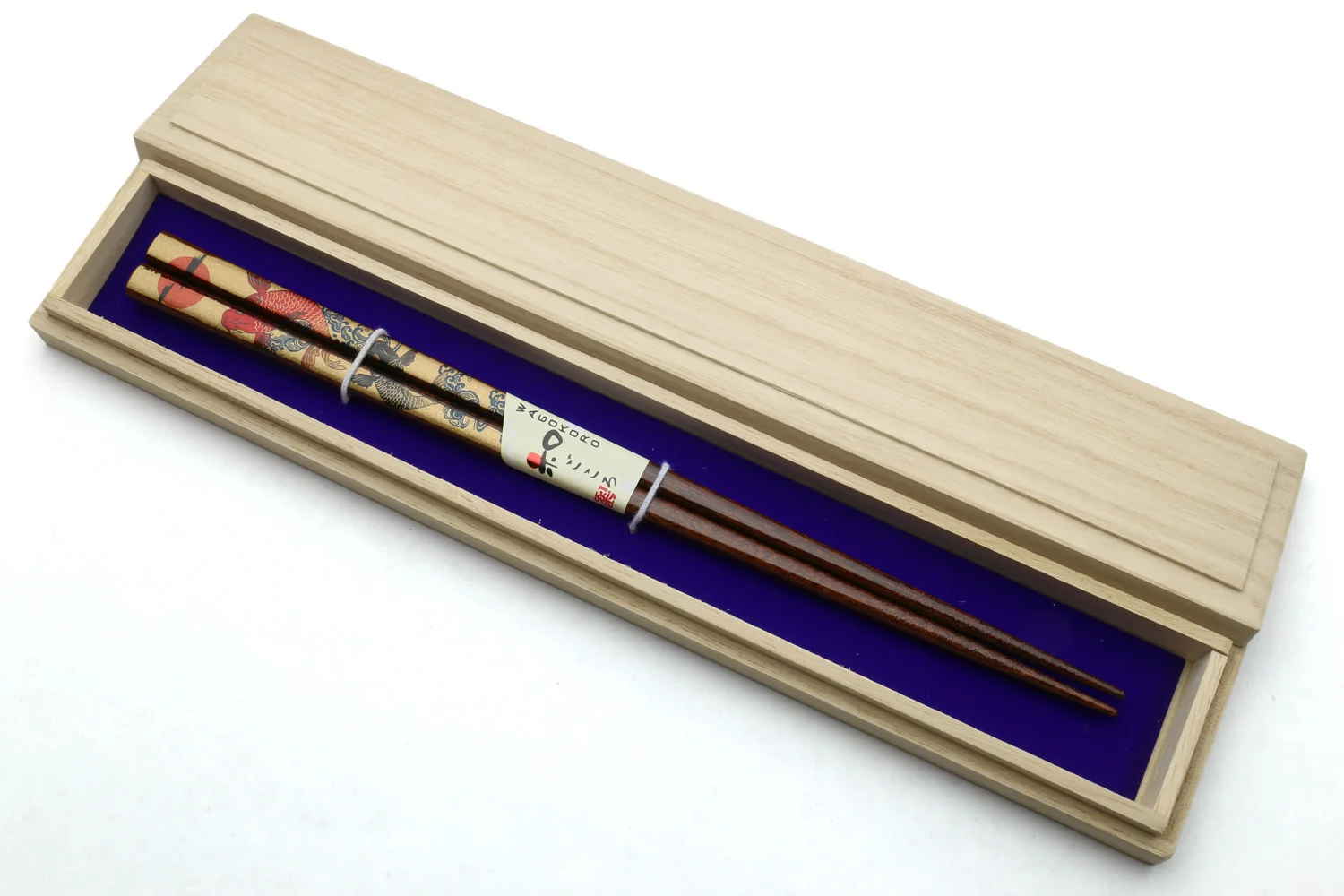 Premium Japanese Ebony Wood Chopsticks — Koi Fish Design 2 Lacquered Pair in Paulownia Box