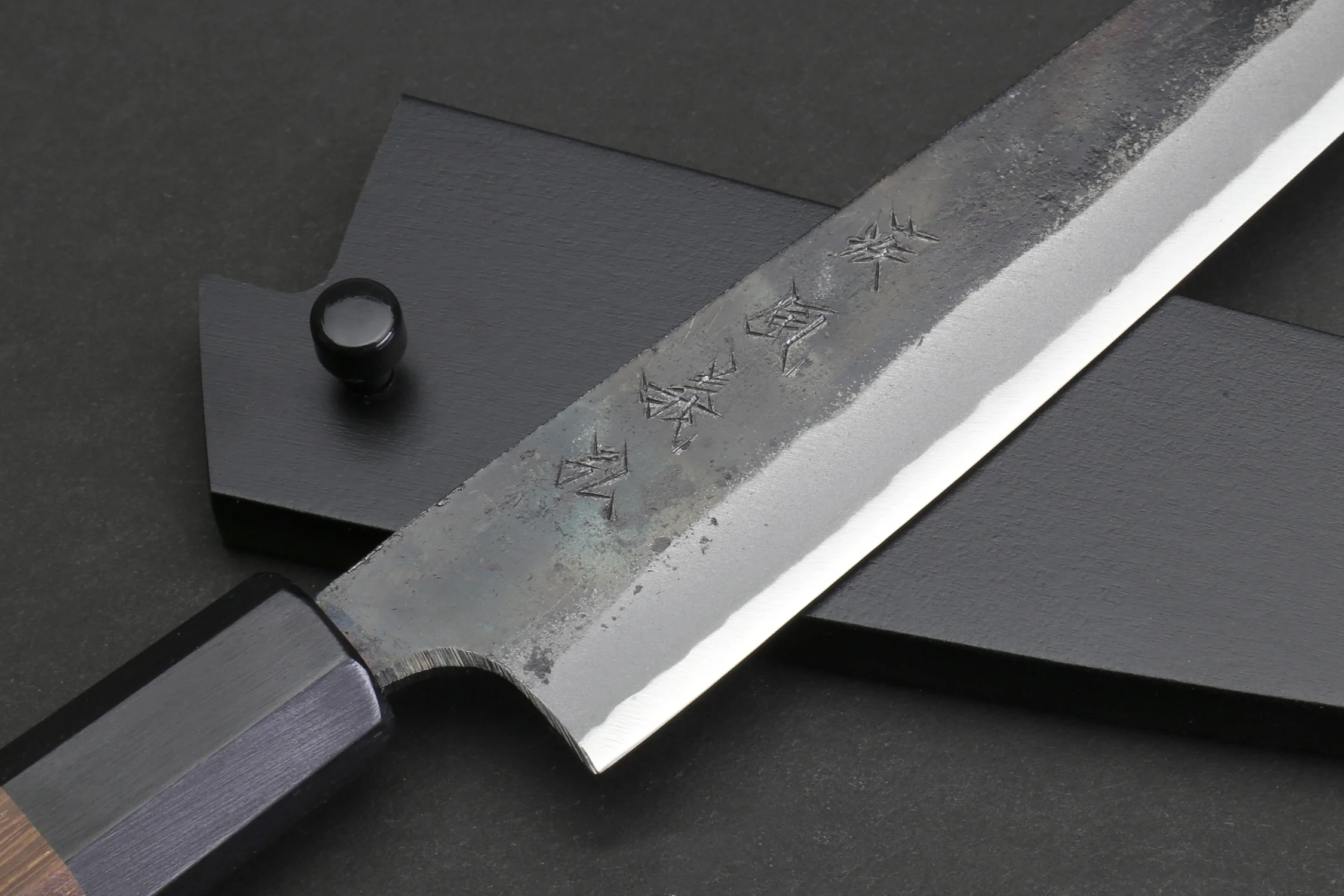 Yoshihiro Aogami Super Blue High Carbon Steel Kurouchi Petty Kiritsuke Utility Knife with Shitan Wood Handle - Image 4