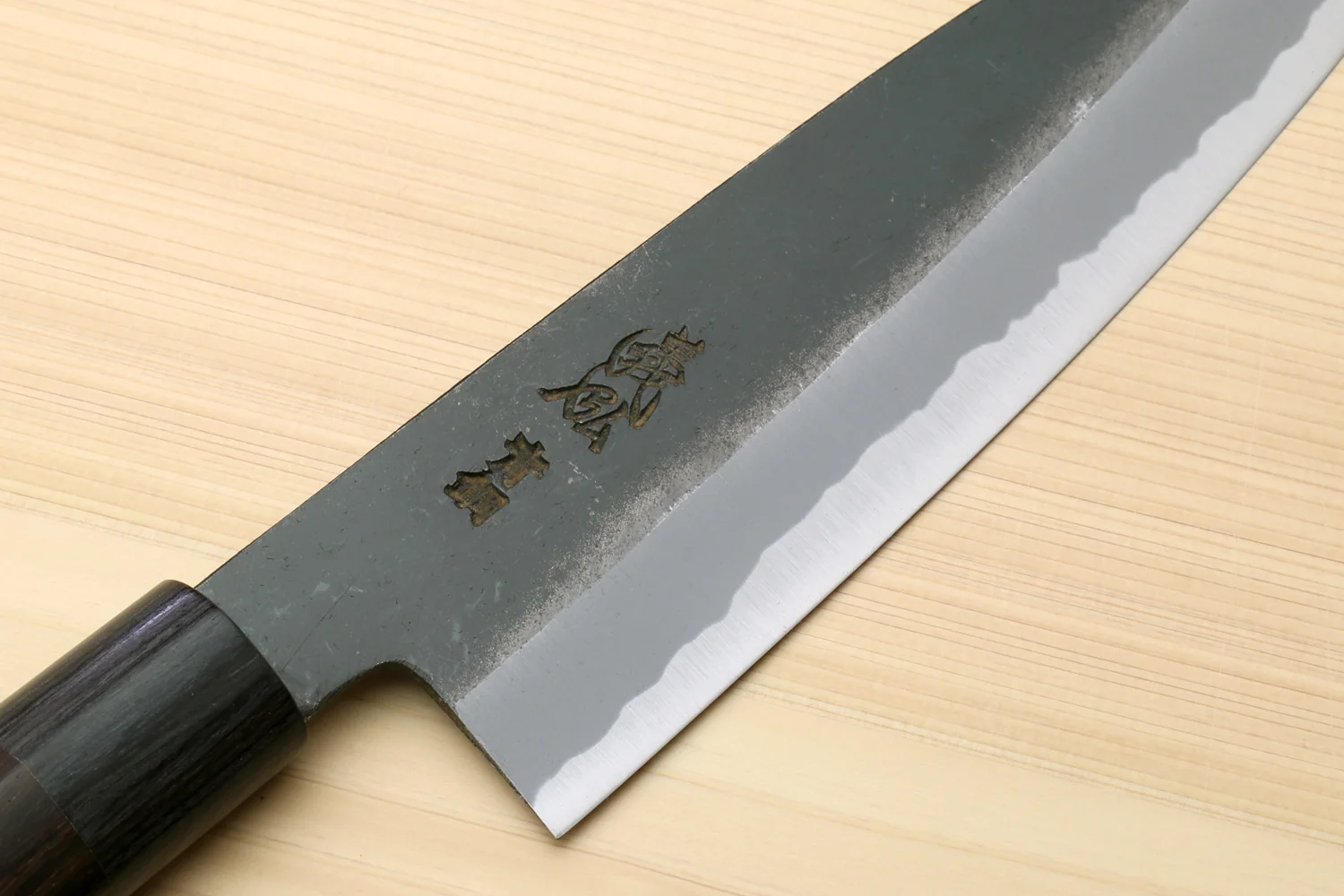 Yoshihiro Black Finish Blue Steel #2 Kurouchi Santoku Multipurpose Japanese Chef Knife (D-Shape Shitan Handle) - Image 4