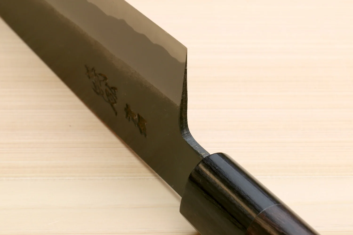 Yoshihiro Black Finish Blue Steel #2 Kurouchi Santoku Multipurpose Japanese Chef Knife (D-Shape Shitan Handle) - Image 5