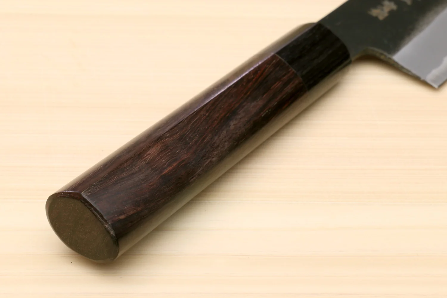 Yoshihiro Black Finish Blue Steel #2 Kurouchi Santoku Multipurpose Japanese Chef Knife (D-Shape Shitan Handle) - Image 8