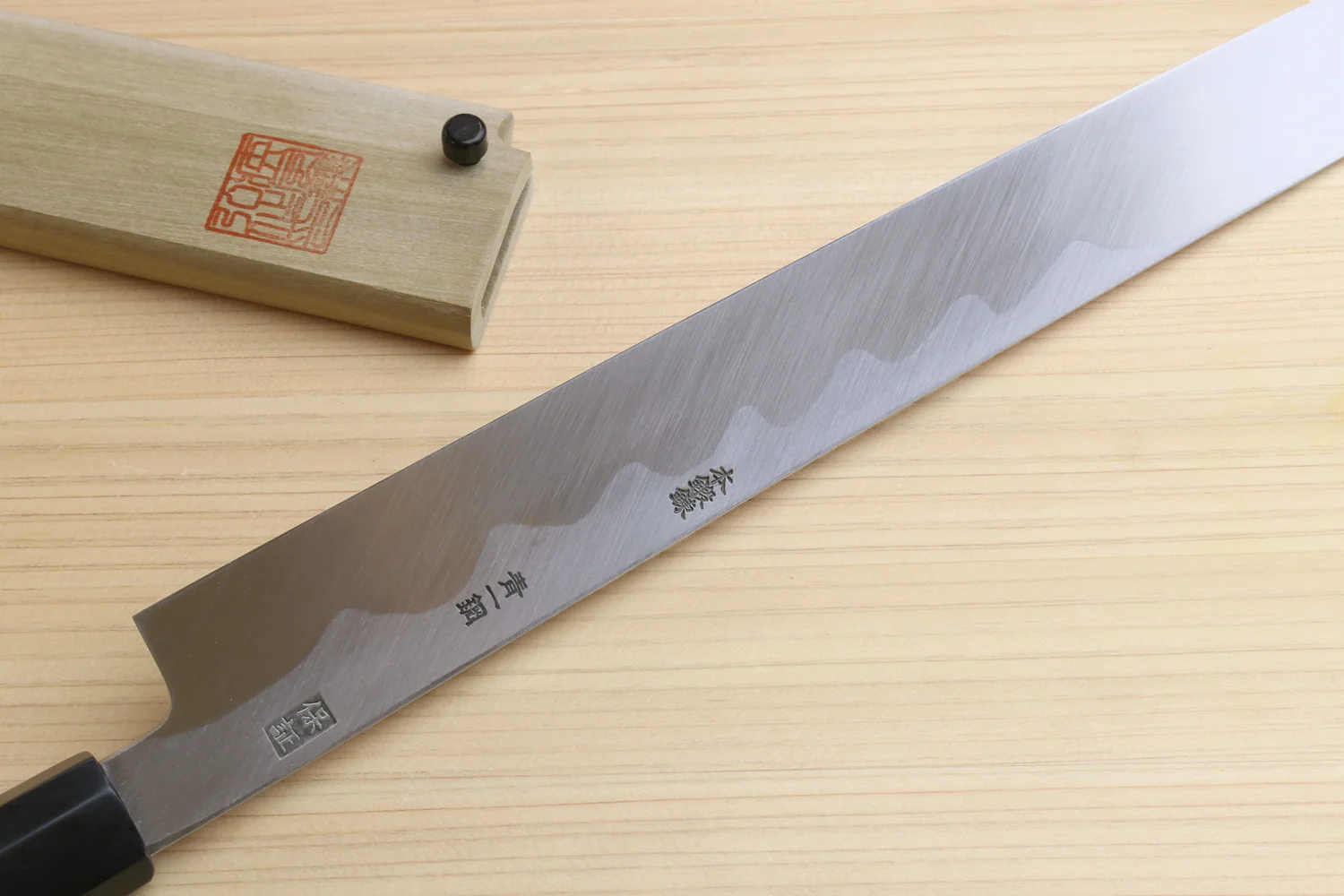 Yoshihiro Aonamiuchi Blue Steel #1 Mirror Polished Sakimaru Takobiki Sushi Sashimi Japanese Knife Ebony Handle - Image 5