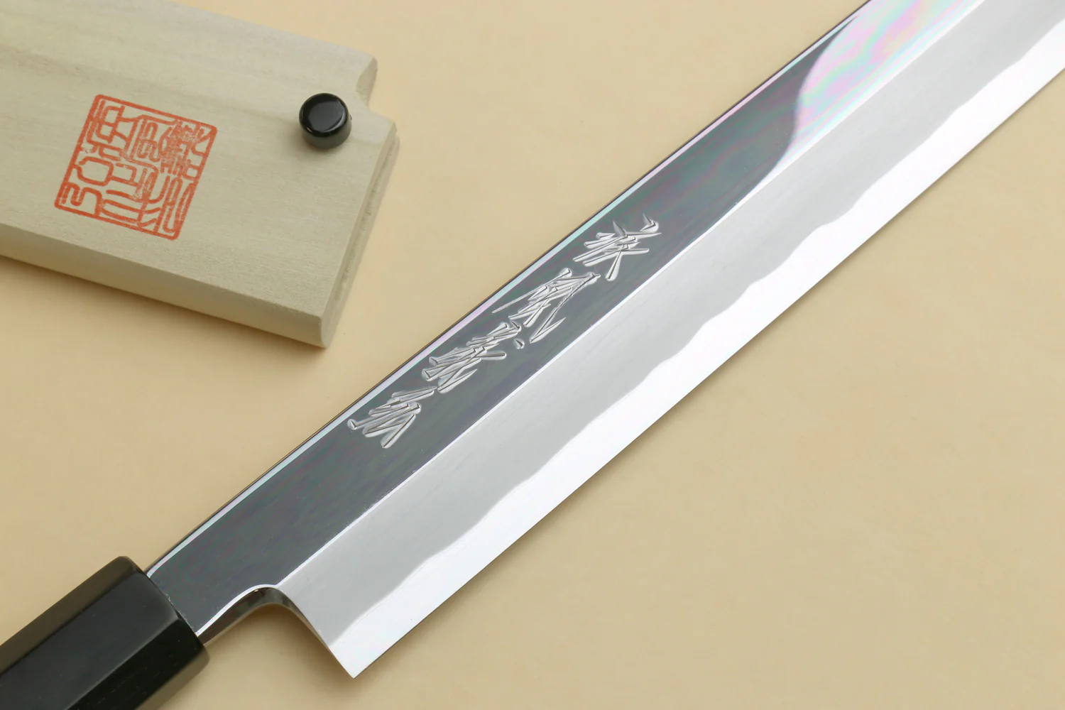 Yoshihiro Aonamiuchi Mirror-Polished Blue Steel #1 Yanagi Sushi Sashimi Japanese Knife Ebony Handle - Image 3