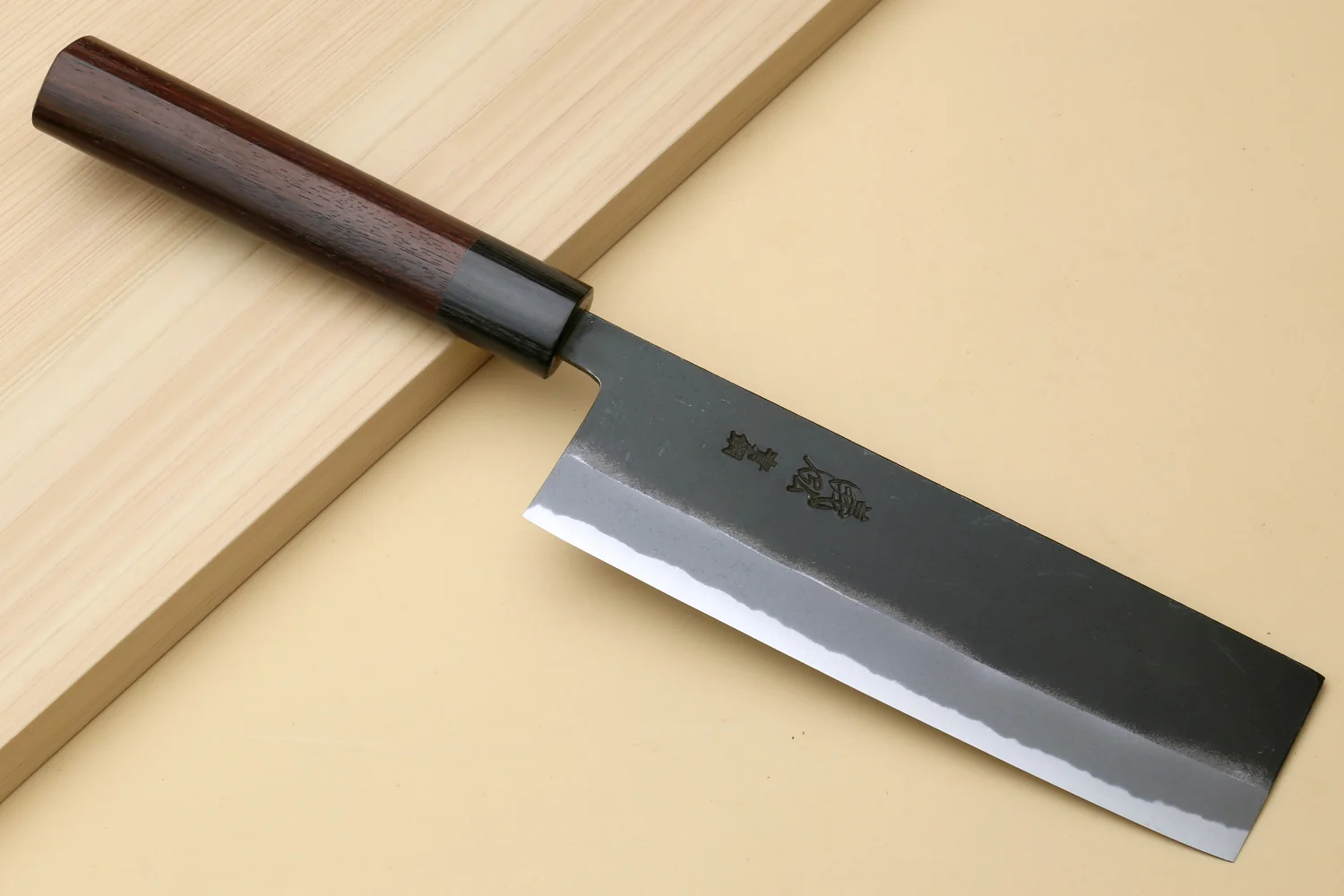 Yoshihiro Black Finish Blue Steel #2 Kurouchi Nakiri Traditional Japanese Vegetable Chopping Chef Knife 6.5" (165mm) D-Shape Shitan Handle - Image 2