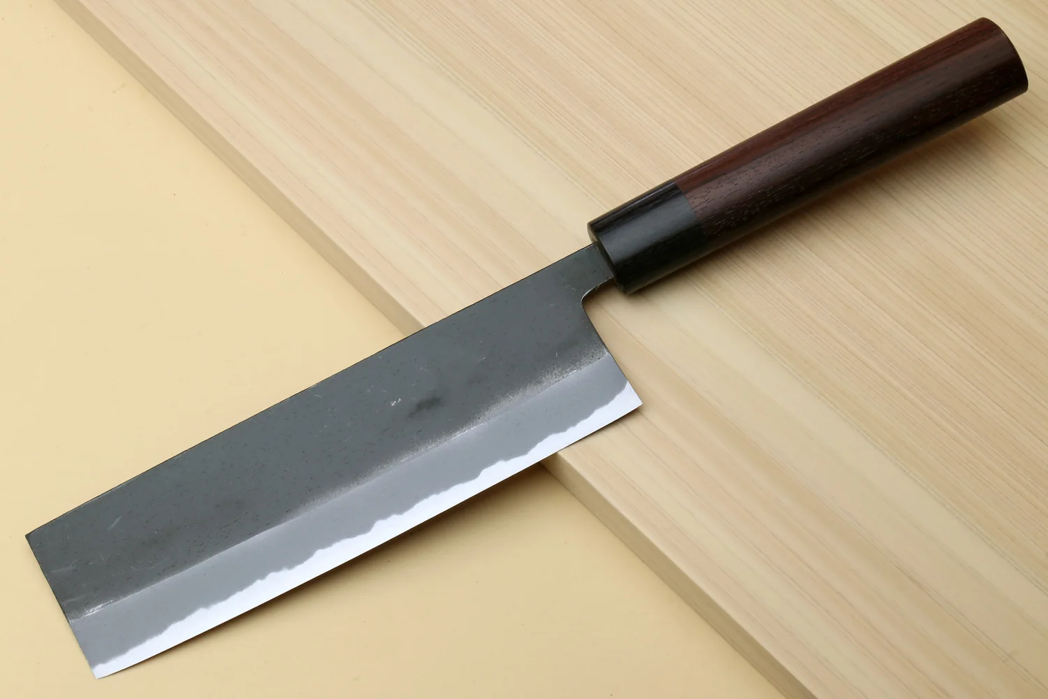Yoshihiro Black Finish Blue Steel #2 Kurouchi Nakiri Traditional Japanese Vegetable Chopping Chef Knife 6.5" (165mm) D-Shape Shitan Handle - Image 3