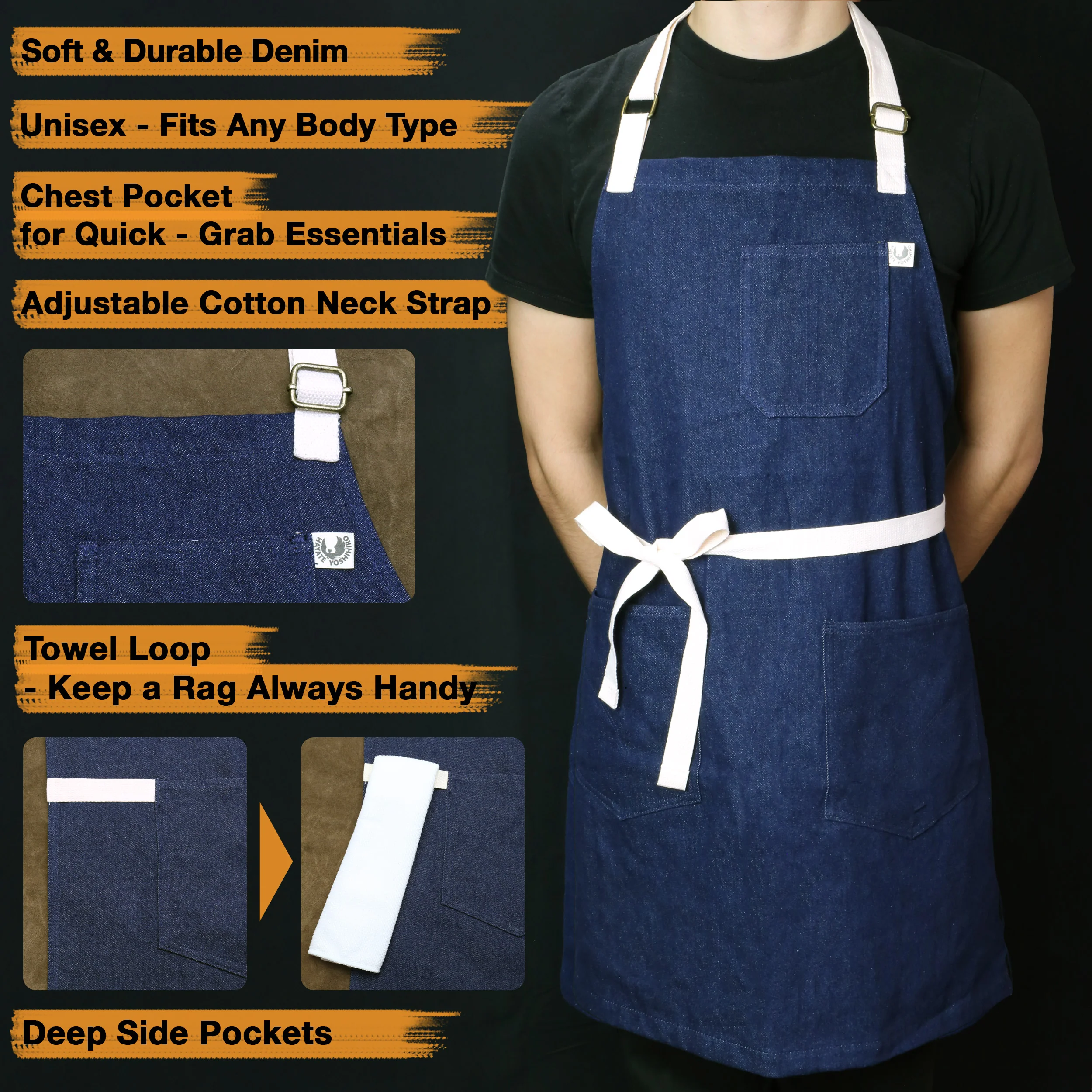 Yoshihiro Dark Navy Denim Professional Kitchen Apron - Image 3