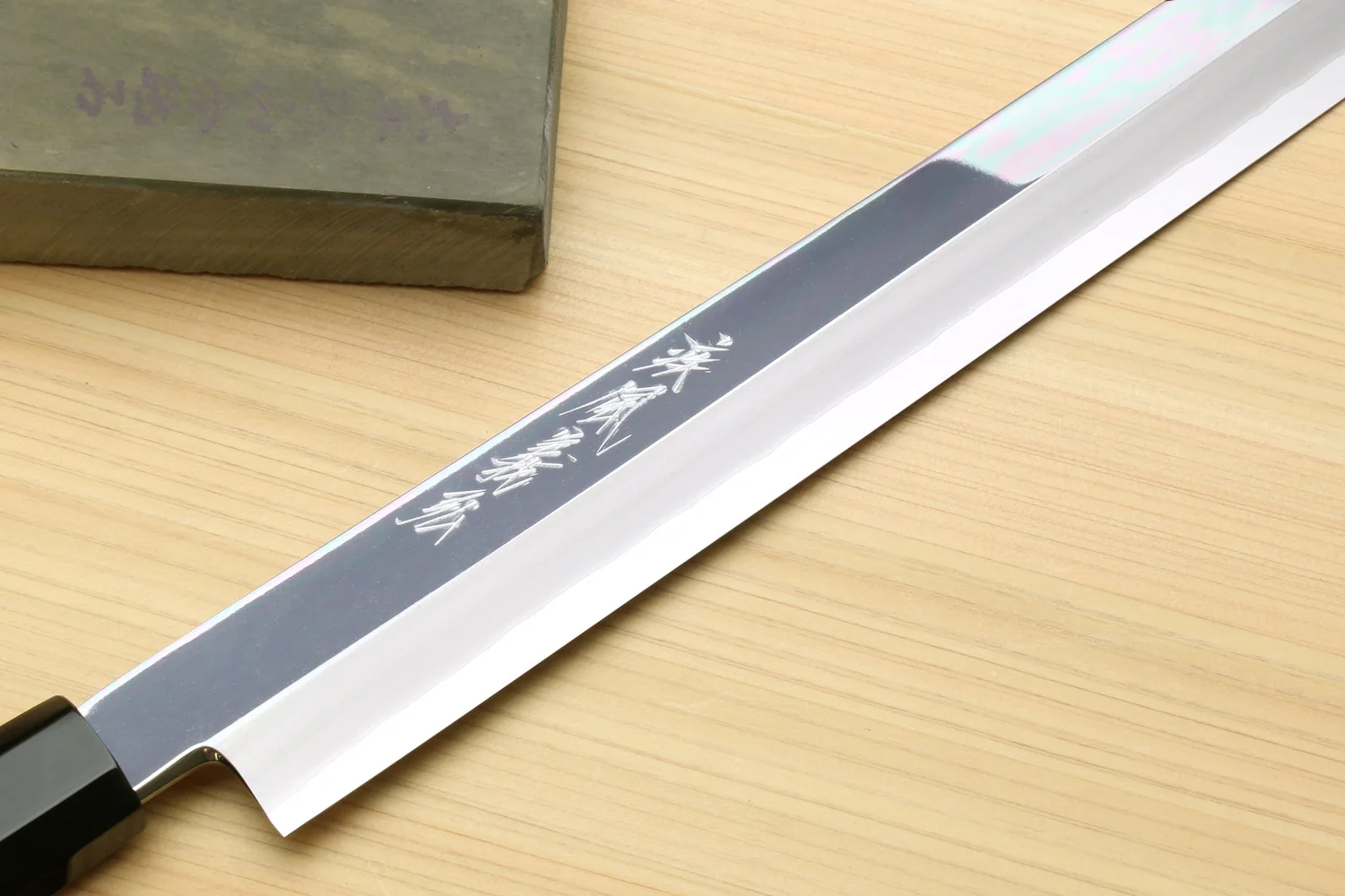 Yoshihiro Ginsan Mirror Polished Stain Resistant Steel Maguro Bocho Tuna Knife with Triple Silver Ring Ebony Handle (Sakimaru Takobiki Style) *Blade Length 17.7" - Image 5