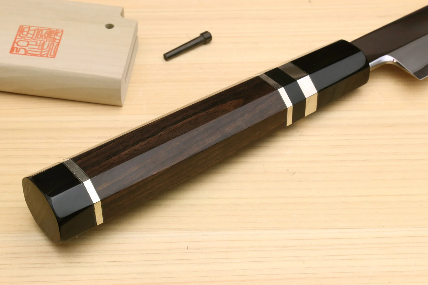 Yoshihiro Ginsan Mirror Polished Stain Resistant Steel Maguro Bocho Tuna Knife with Triple Silver Ring Ebony Handle (Sakimaru Takobiki Style) *Blade Length 17.7" - Image 8