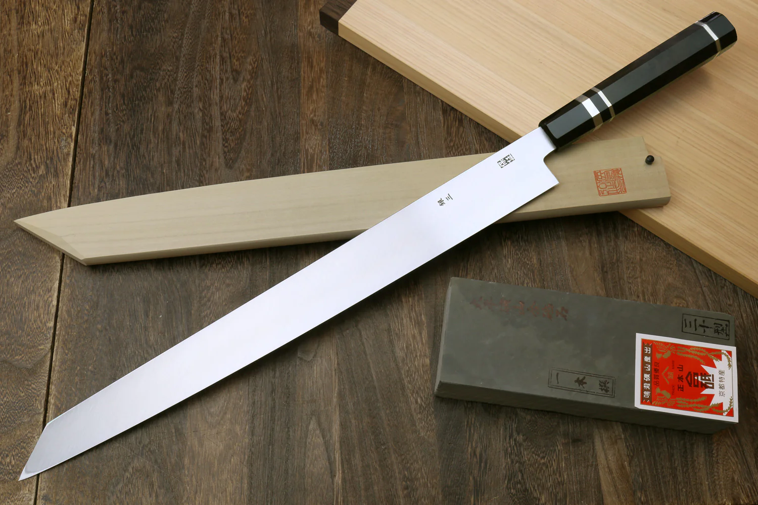 Yoshihiro Ginsan Mirror Polished Stain Resistant Steel Maguro Bocho Tuna Knife with Triple Silver Ring Ebony Handle (Yanagi-Kiritsuke Style) *Blade Length 17.7" - Image 2