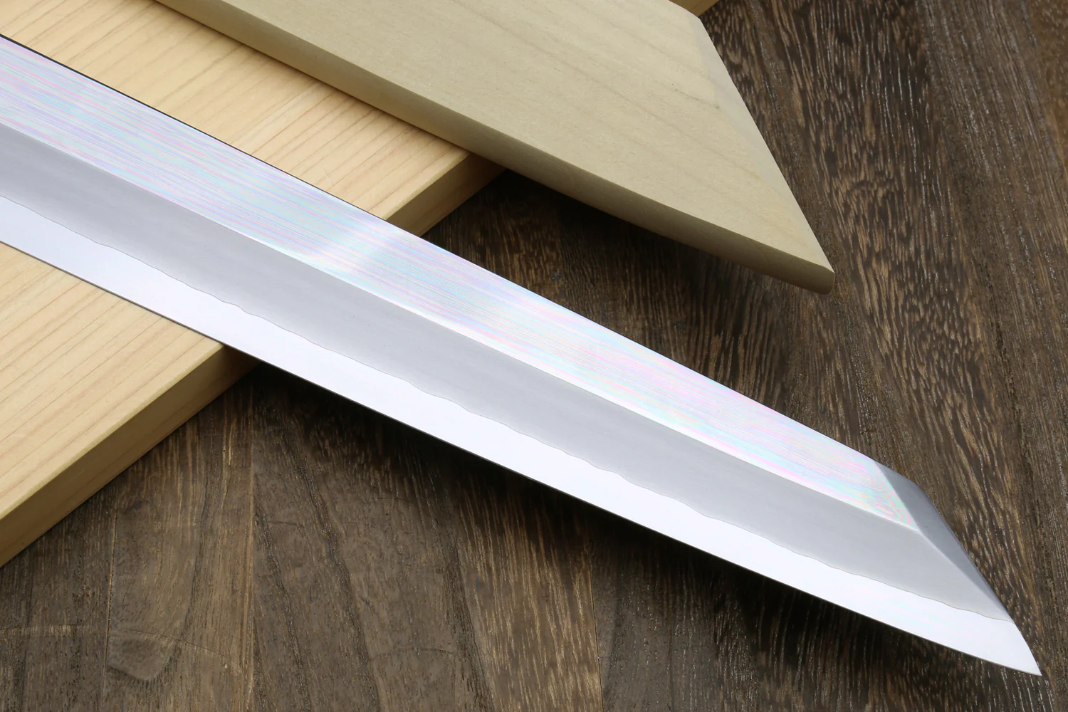 Yoshihiro Ginsan Mirror Polished Stain Resistant Steel Maguro Bocho Tuna Knife with Triple Silver Ring Ebony Handle (Yanagi-Kiritsuke Style) *Blade Length 17.7" - Image 4