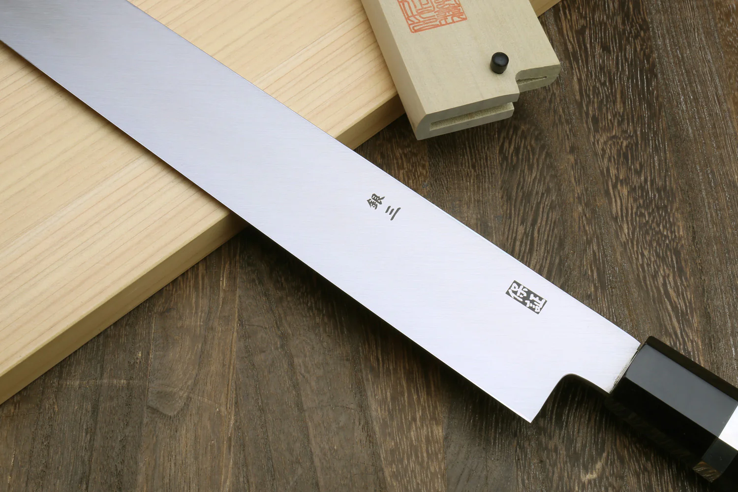 Yoshihiro Ginsan Mirror Polished Stain Resistant Steel Maguro Bocho Tuna Knife with Triple Silver Ring Ebony Handle (Yanagi-Kiritsuke Style) *Blade Length 17.7" - Image 6