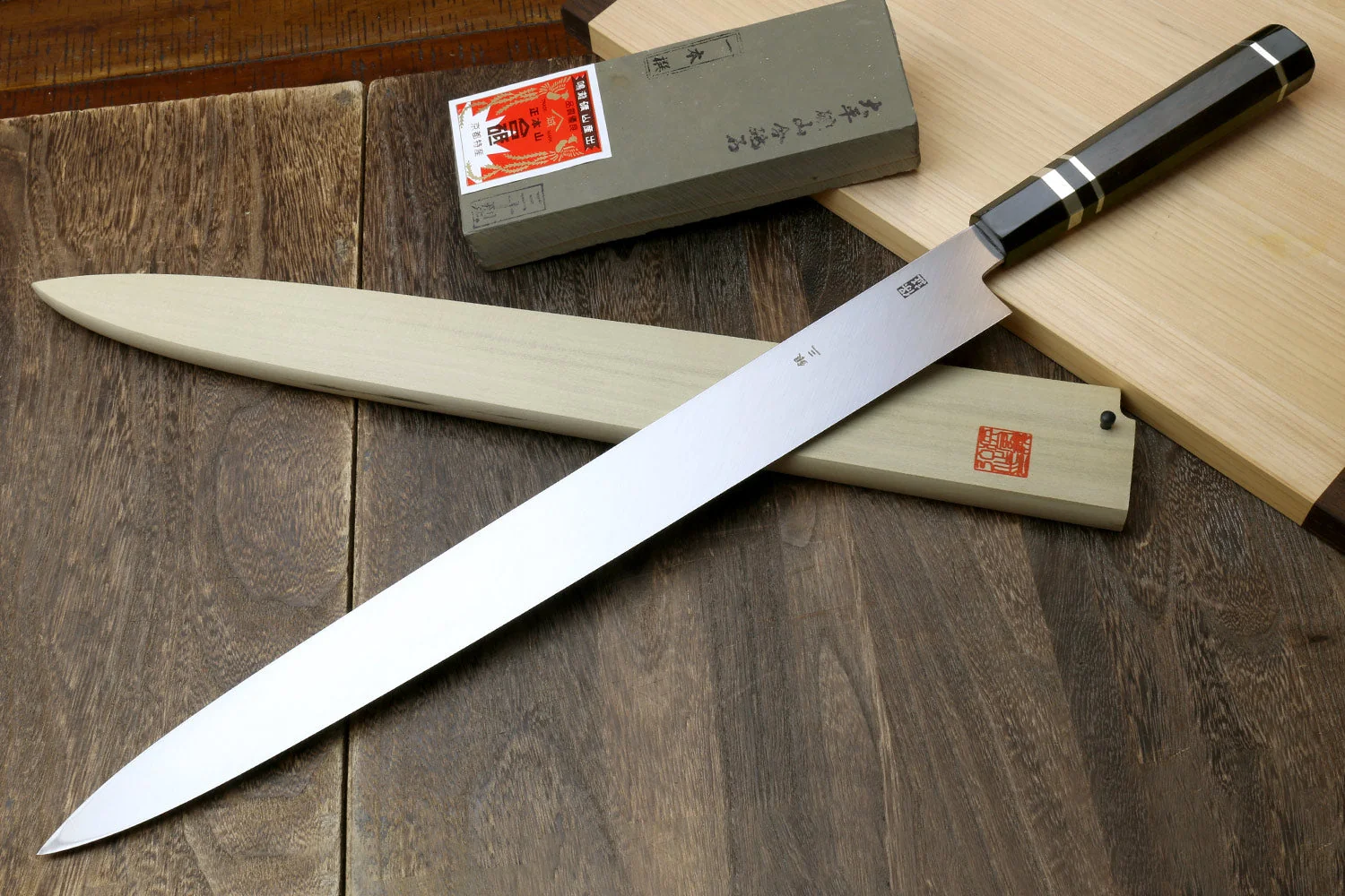 Yoshihiro Ginsan Mirror Polished Stain Resistant Steel Maguro Bocho Tuna Knife with Triple Silver Ring Ebony Handle (Yanagi Style) *Blade Length 17.7" - Image 2