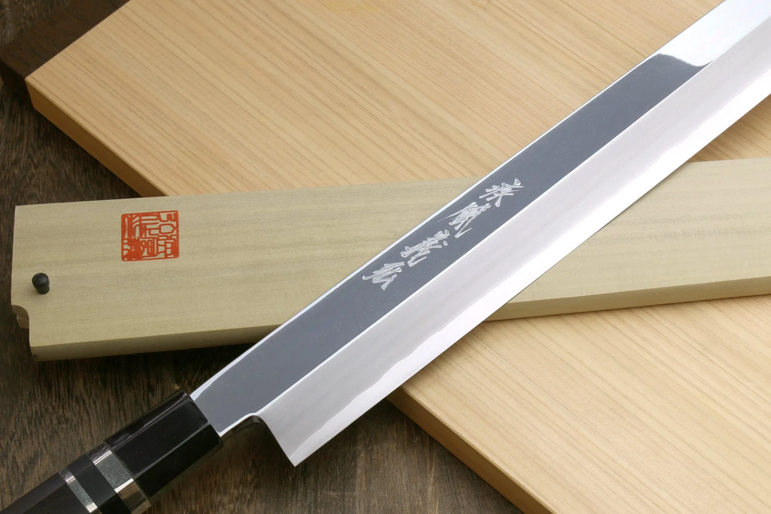 Yoshihiro Ginsan Mirror Polished Stain Resistant Steel Maguro Bocho Tuna Knife with Triple Silver Ring Ebony Handle (Yanagi Style) *Blade Length 17.7" - Image 3