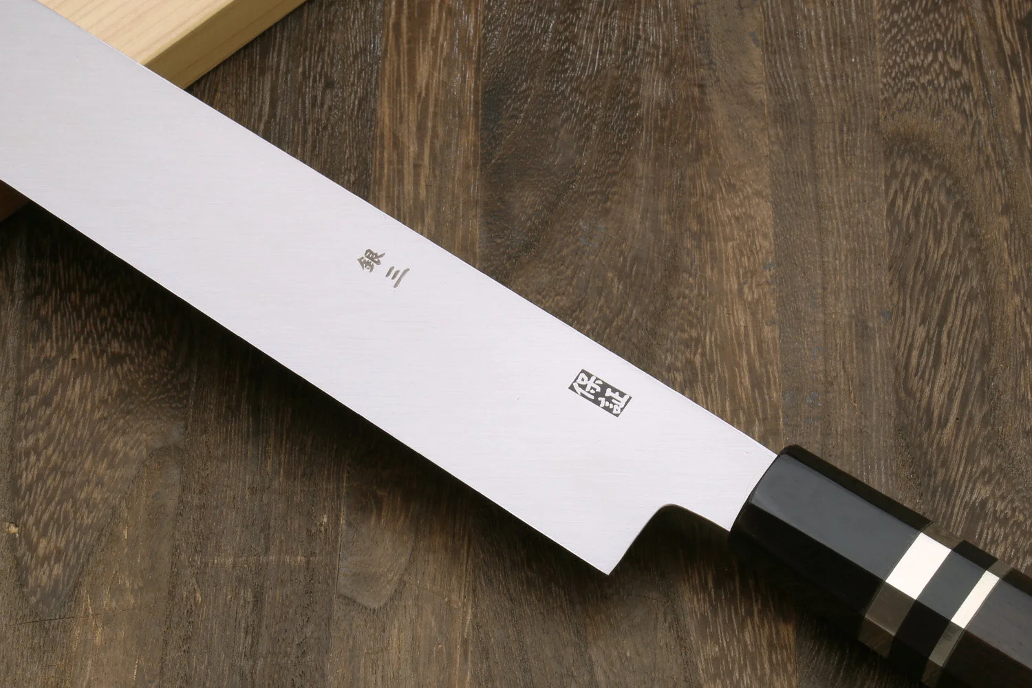 Yoshihiro Ginsan Mirror Polished Stain Resistant Steel Maguro Bocho Tuna Knife with Triple Silver Ring Ebony Handle (Yanagi Style) *Blade Length 17.7" - Image 4