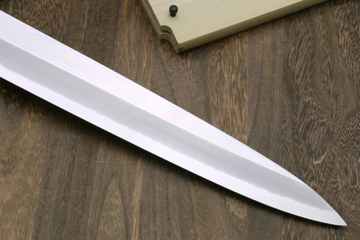 Yoshihiro Ginsan Mirror Polished Stain Resistant Steel Maguro Bocho Tuna Knife with Triple Silver Ring Ebony Handle (Yanagi Style) *Blade Length 17.7" - Image 5