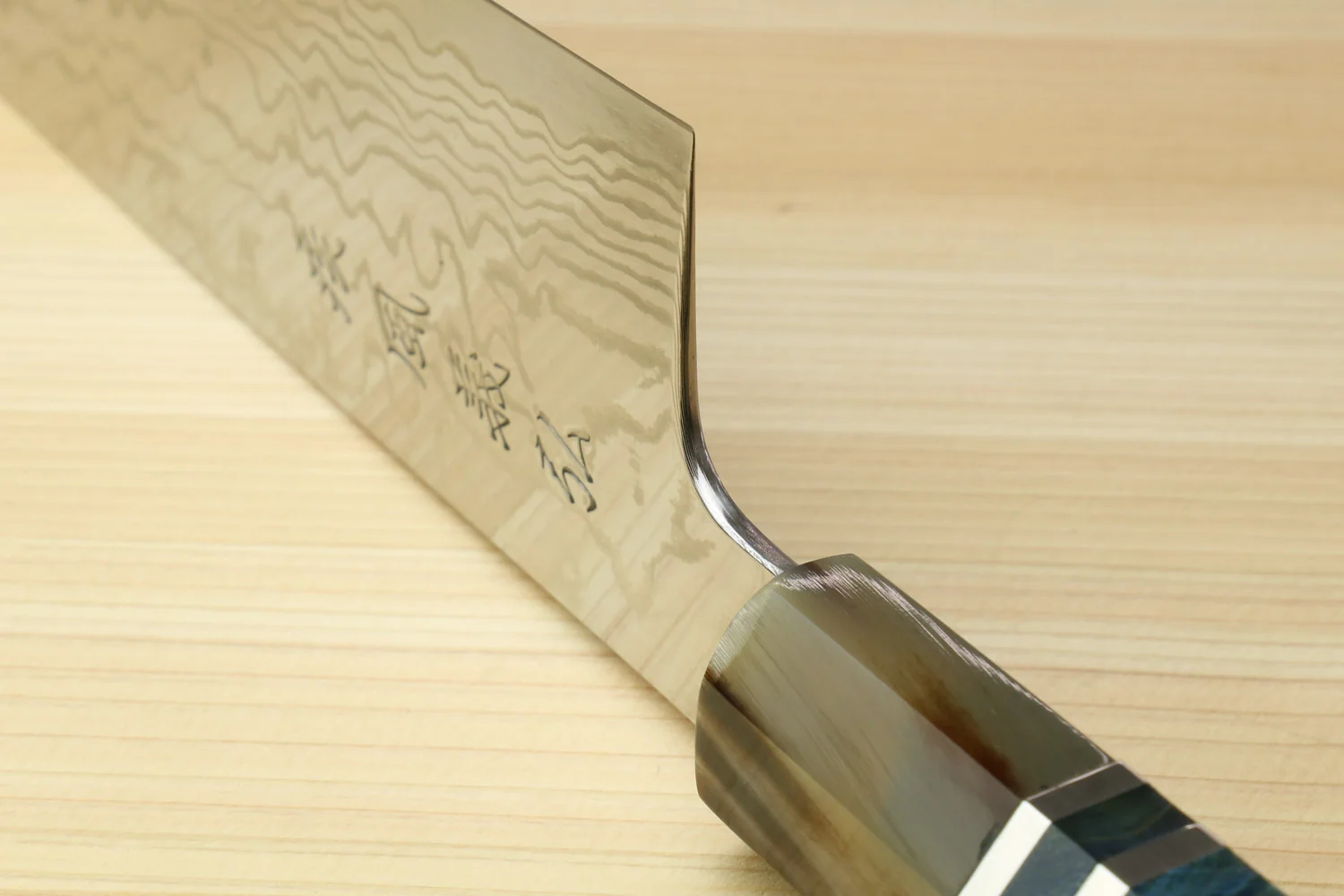 Yoshihiro HAP40 High Speed Stainless Steel Damascus Gyuto Chefs Knife with Ocean Blue Handle - Image 5