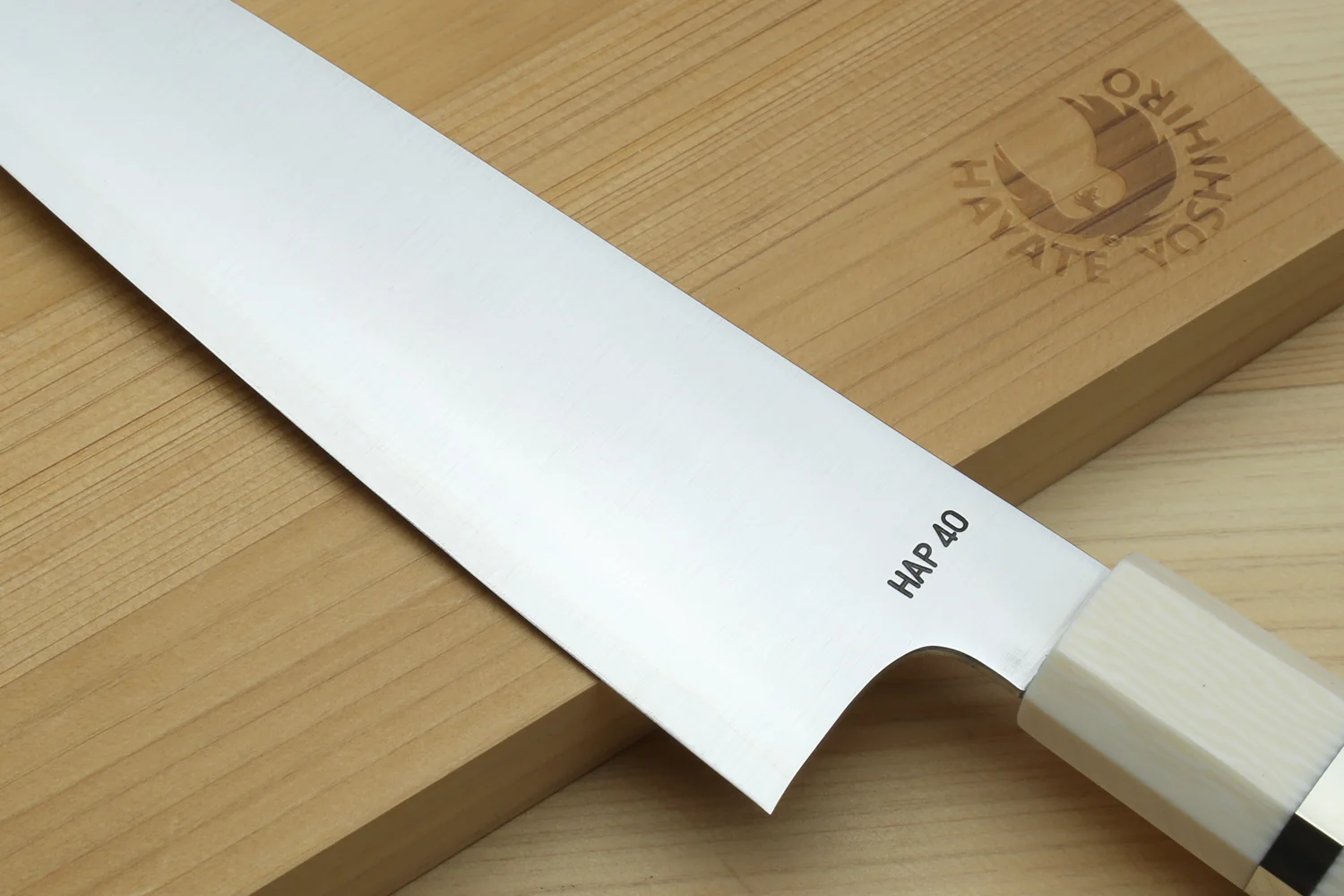 Yoshihiro HAP40 High Speed Stainless Steel Gyuto Chefs Knife Ocean Blue Handle with Alternative Ivory Bolster - Image 4