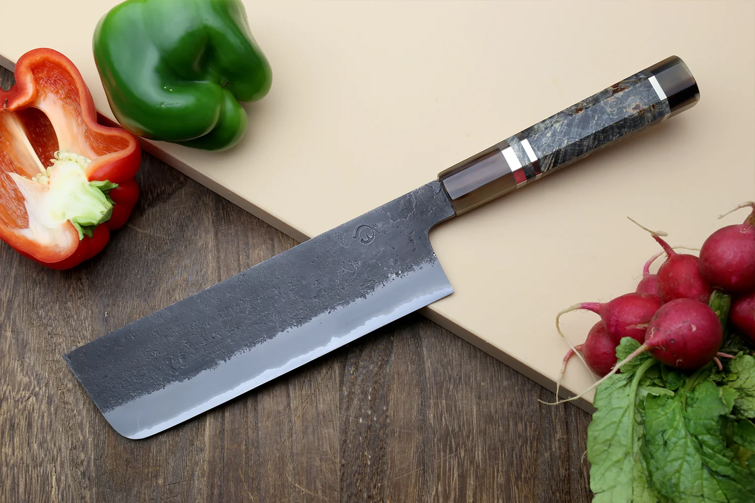 Hayate Hinoura Kurouchi Black-Forged Blue Steel Stainless Clad Nakiri Vegetable Knife - Image 3