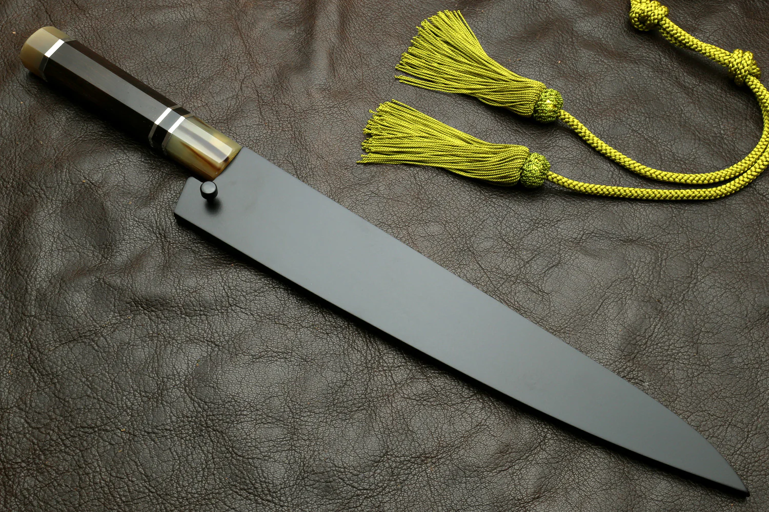Yoshihiro Hayate ZDP 189 Super High Carbon Stainless Steel Damascus Sujihiki Slicer Knife Triple Ring Ebony Handle - Image 8