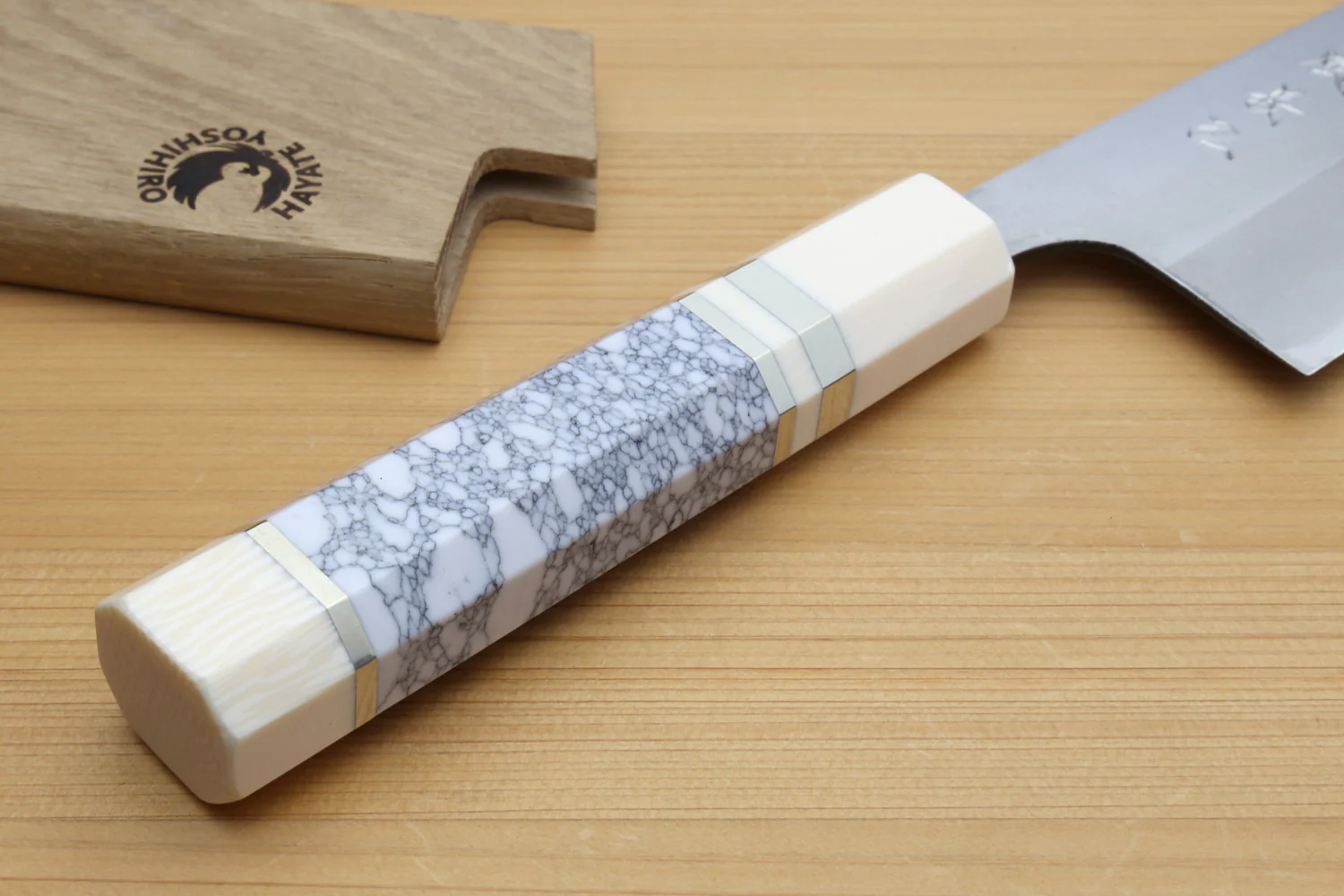 Yoshihiro High Carbon Blue Steel #1 Kiritsuke Multipurpose Japanese Chef Knife, Howlite White Handle with Alternative Ivory Bolster(Blade Length: 8.25" (210mm)) - Image 7