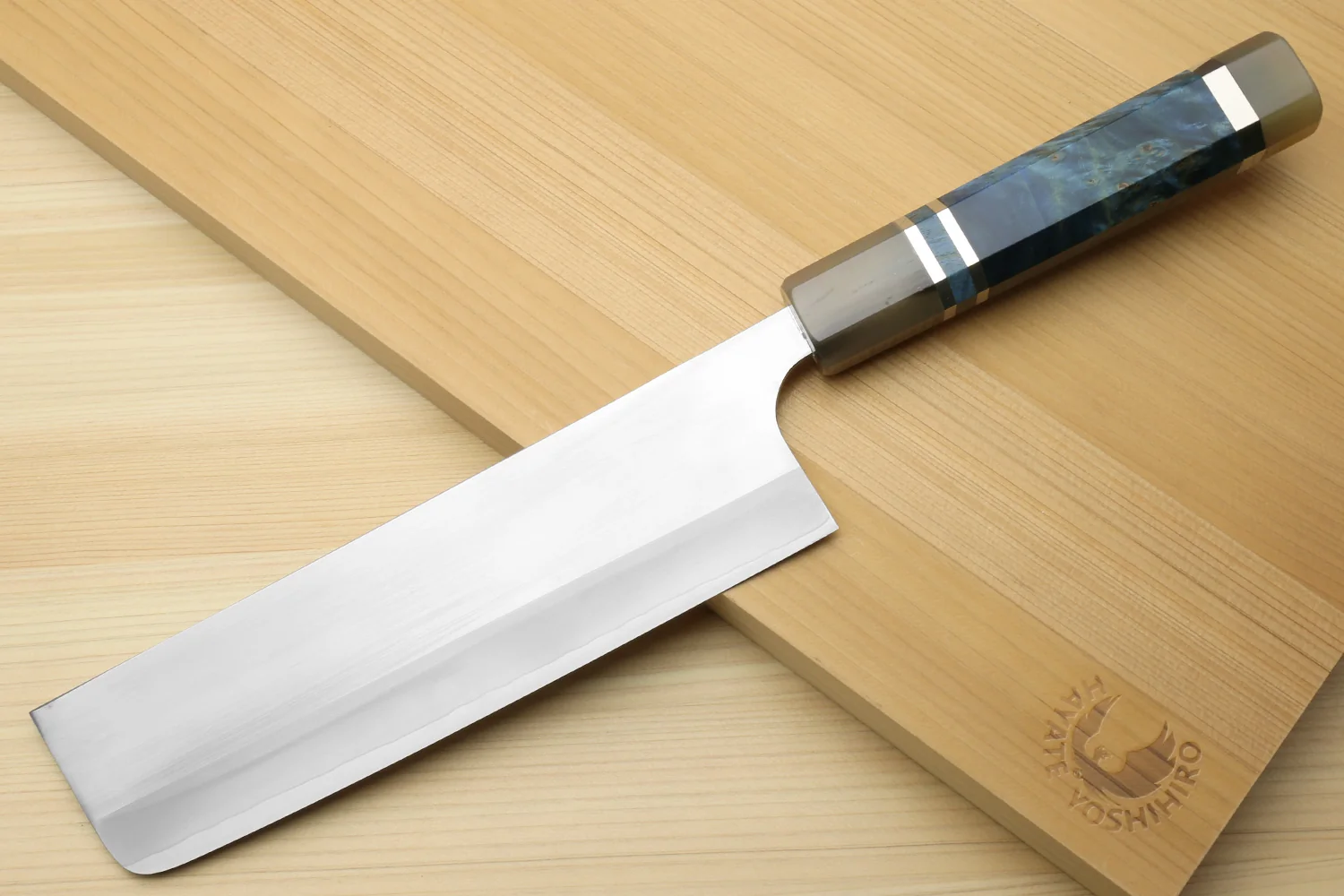 Yoshihiro High Speed Steel HAP40 Nakiri Vegetable Chefs Knife with Ocean Blue Handle and Magnolia Saya Cover - Image 2