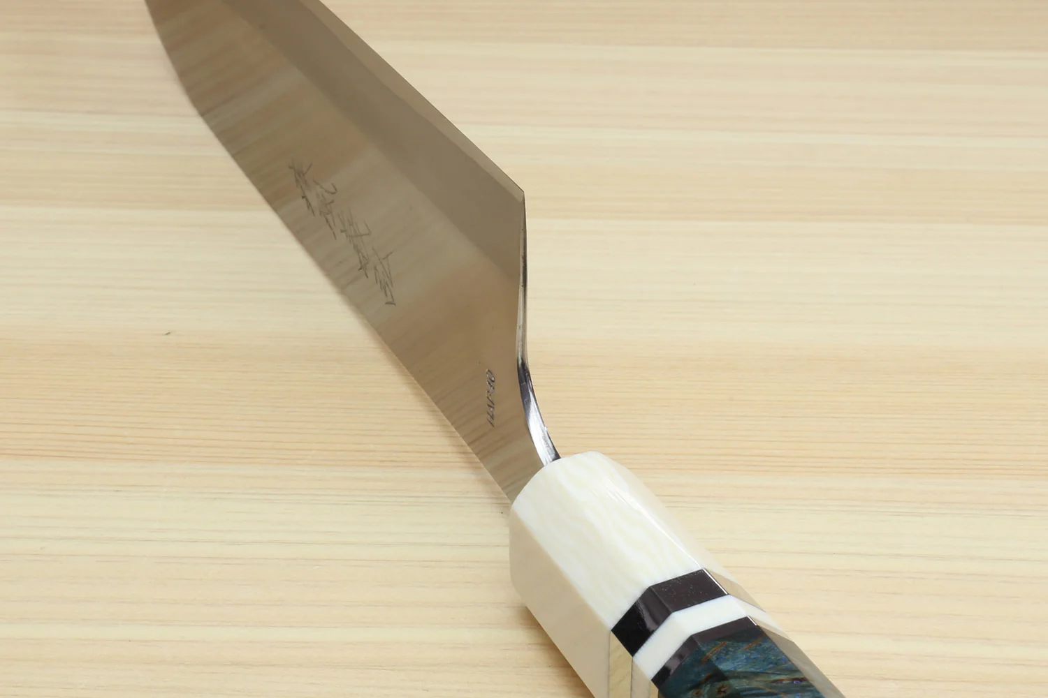 Yoshihiro High Speed Steel HAP40 Santoku Multipurpose Chefs Knife Ocean Blue Handle with Alternative Ivory Bolster and Magnolia Saya Cover - Image 3