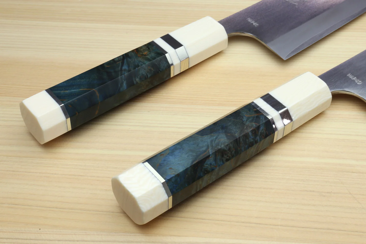Yoshihiro High Speed Steel HAP40 Santoku Multipurpose Chefs Knife Ocean Blue Handle with Alternative Ivory Bolster and Magnolia Saya Cover - Image 6