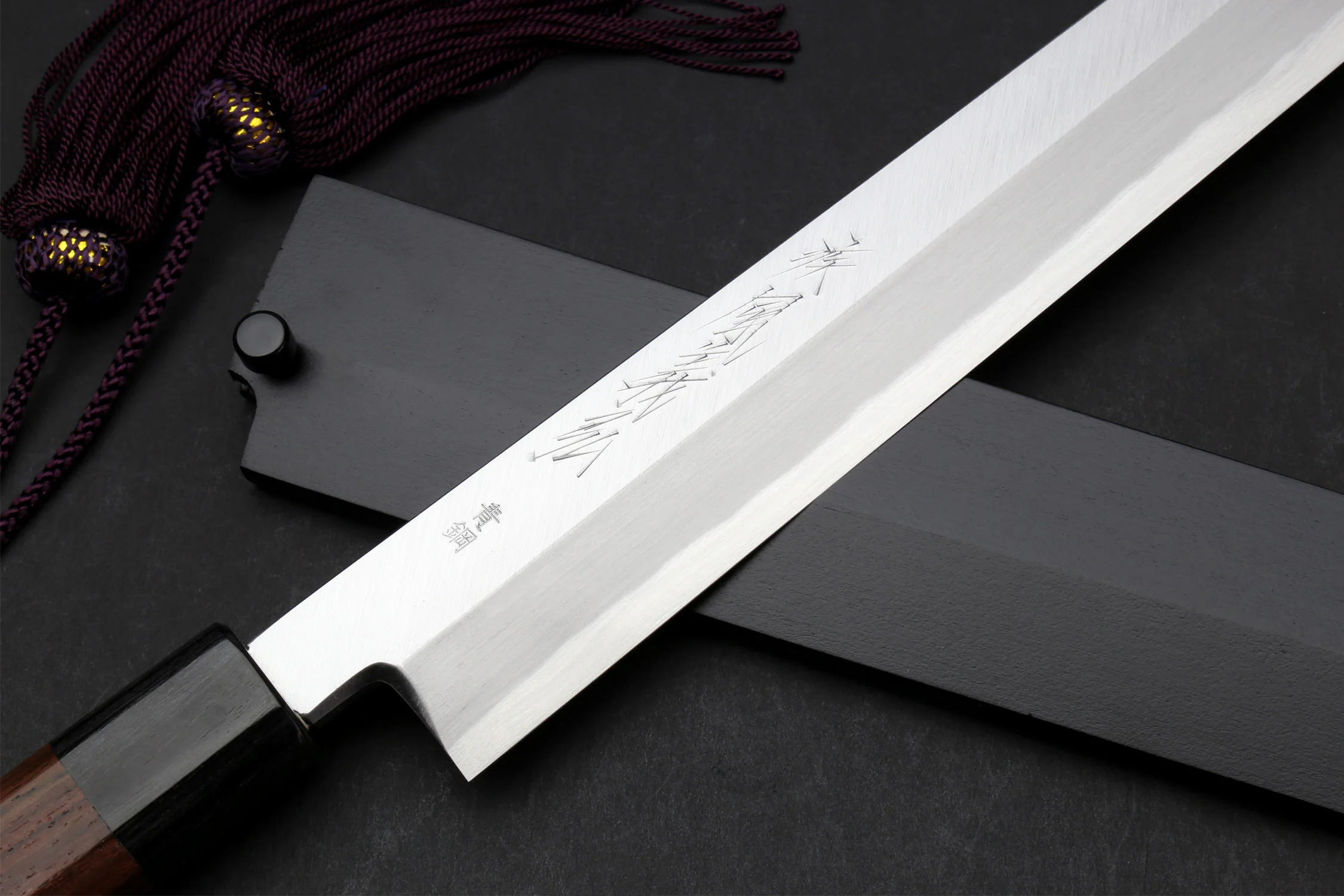 Yoshihiro Hongasumi Blue Steel Yanagi-Kiritsuke Sushi Sashimi Japanese Knife Rosewood Handle with Nuri Saya Cover - Image 4