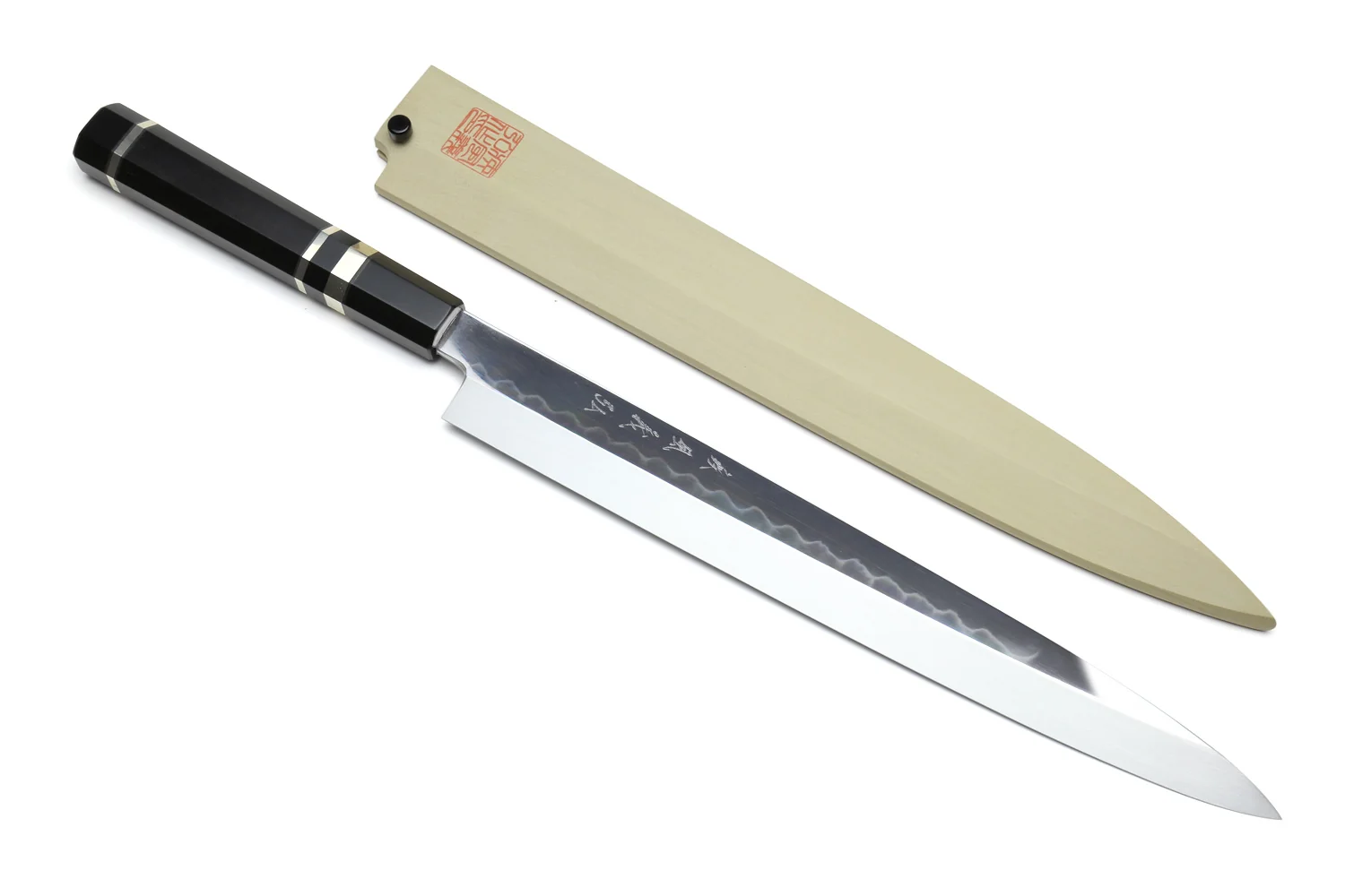 Yoshihiro Honyaki Mirror-Finished Namiukashi White Steel Yanagi Sushi Sashimi Japanese Knife with Triple Nickel Silver Ring Ebony Handle - Image 10