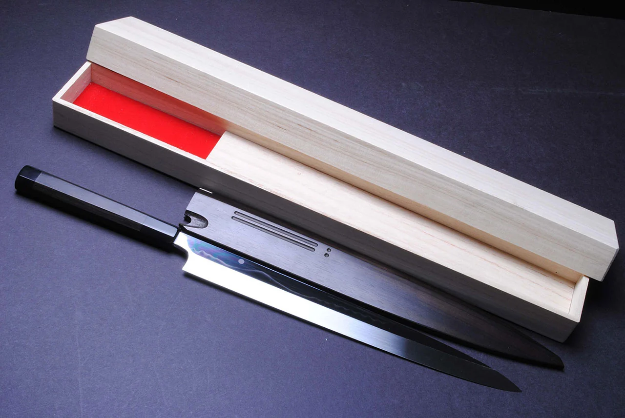 Yoshihiro Honyaki Mirror-Finished White Steel #1 line designs Mt.Fuji with Full Moon Yanagi 330mm Mizuyaki Ebony Handle - Image 4