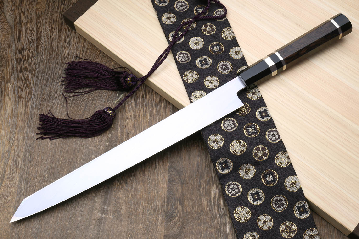 Yoshihiro Honyaki White Steel Mirror-Finished Namiukashi Yanagi Kiritsuke Sushi Sashimi Japanese Knife with Triple Nickel Silver Ring Ebony Handle - Image 3