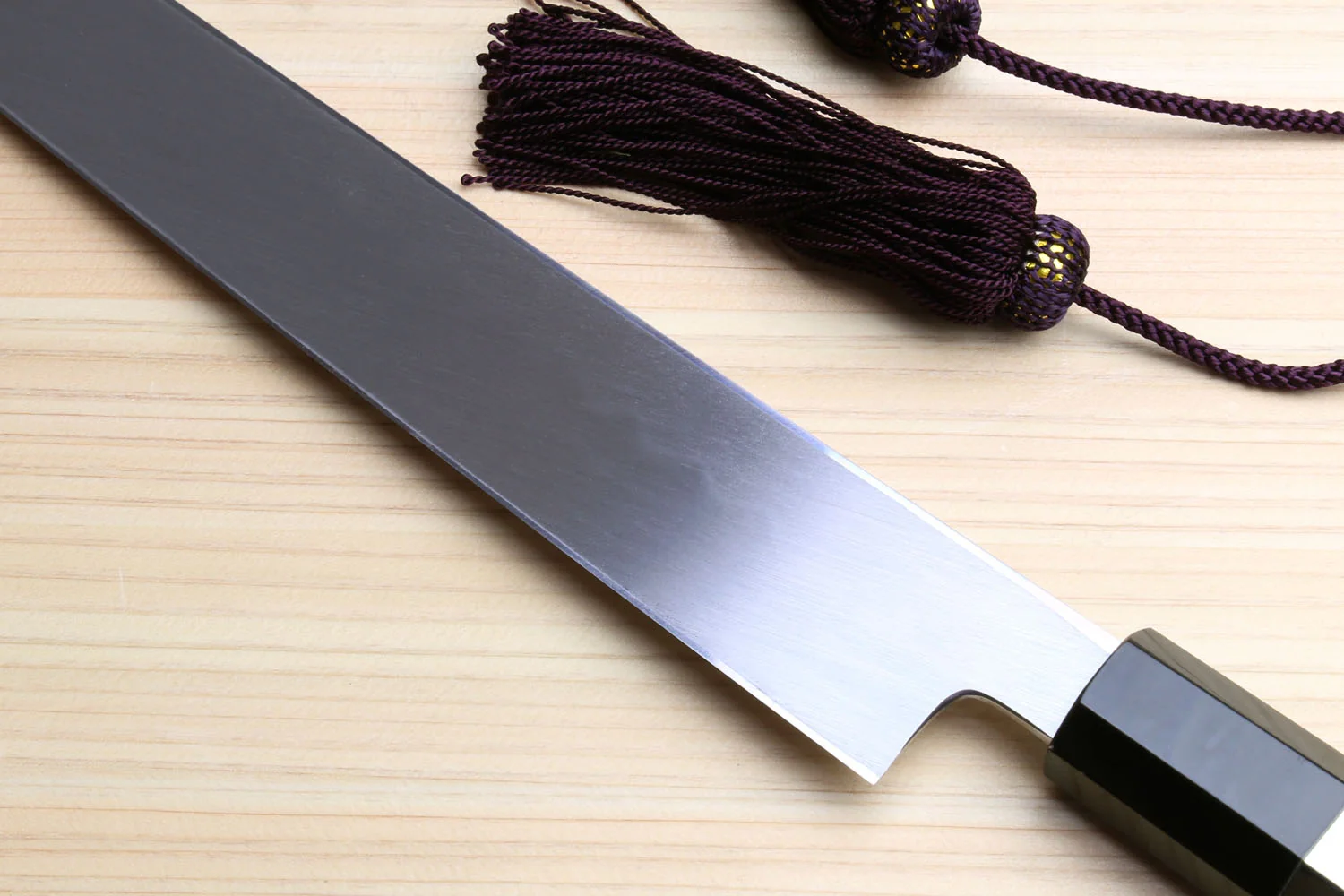 Yoshihiro Honyaki White Steel Mirror-Finished Namiukashi Yanagi Kiritsuke Sushi Sashimi Japanese Knife with Triple Nickel Silver Ring Ebony Handle - Image 5