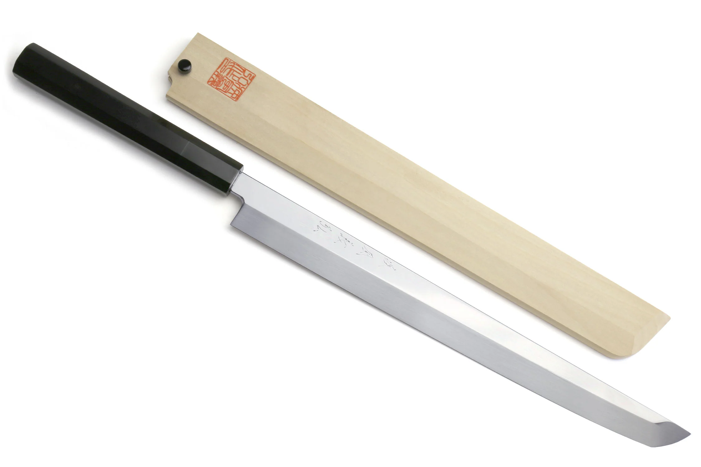 Yoshihiro Honyaki White Steel Sakimaru Takobiki Mirror Finished Sushi Sashimi Slicing Japanese Chef Knife Ebony Handle - Image 11