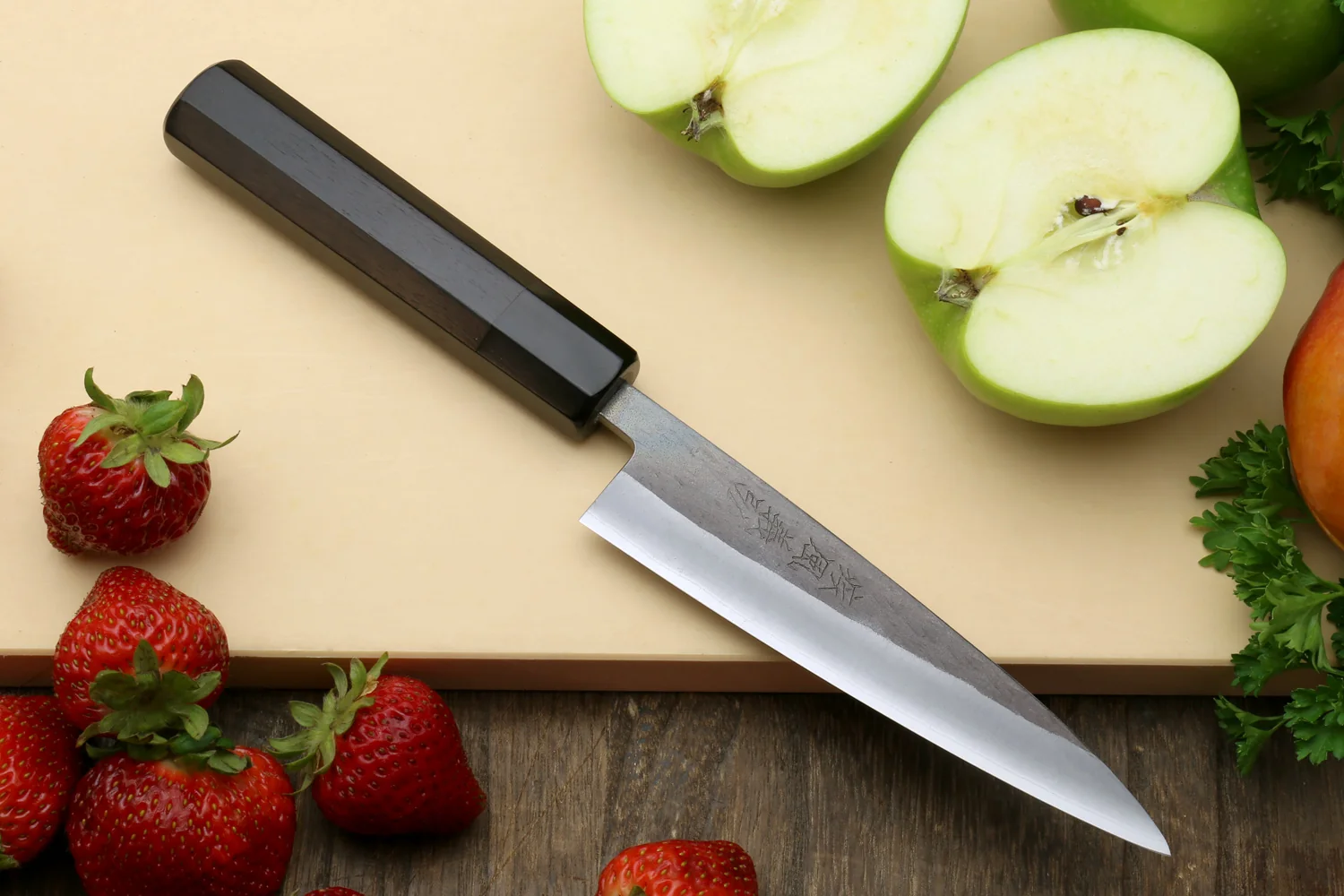 Yoshihiro Kurouchi Black-Forged Blue Steel Stainless Clad Gyuto Chefs Knife and Petty Utility Knife 2PC SET (Ebony Handle) - Image 5