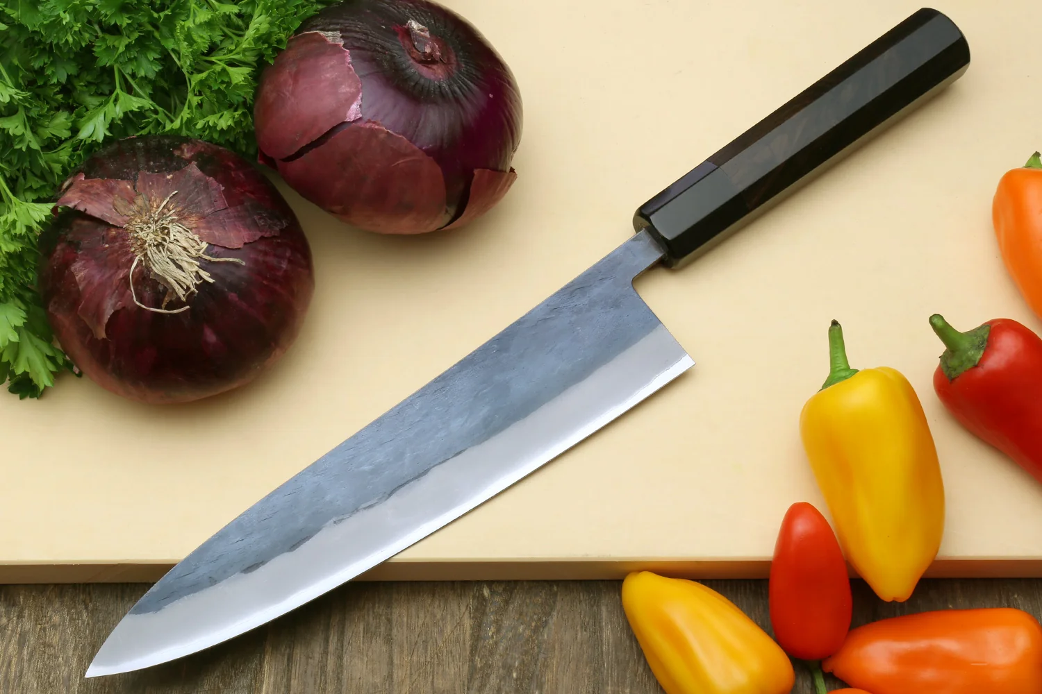 Yoshihiro Kurouchi Black-Forged Blue Steel Stainless Clad Gyuto Chefs Knife (Ebony Handle) - Image 4