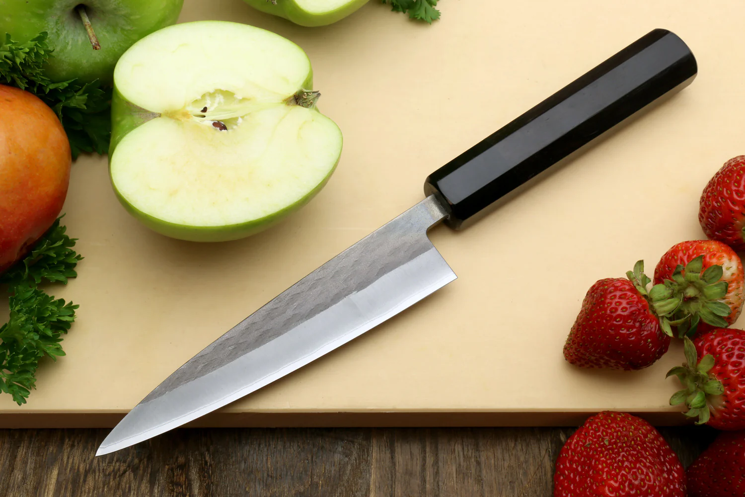 Yoshihiro Kurouchi Black-Forged Blue Steel Stainless Clad Santoku Multipurpose Knife 6.5"(165mm) and Petty Utility Knife 5.3"(135mm) 2PC SET (Ebony Handle) - Image 3