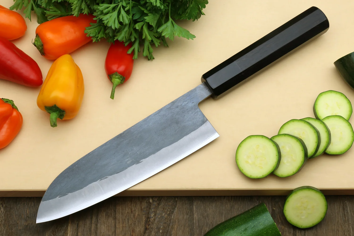 Yoshihiro Kurouchi Black-Forged Blue Steel Stainless Clad Santoku Multipurpose Knife (Ebony Handle) - Image 3