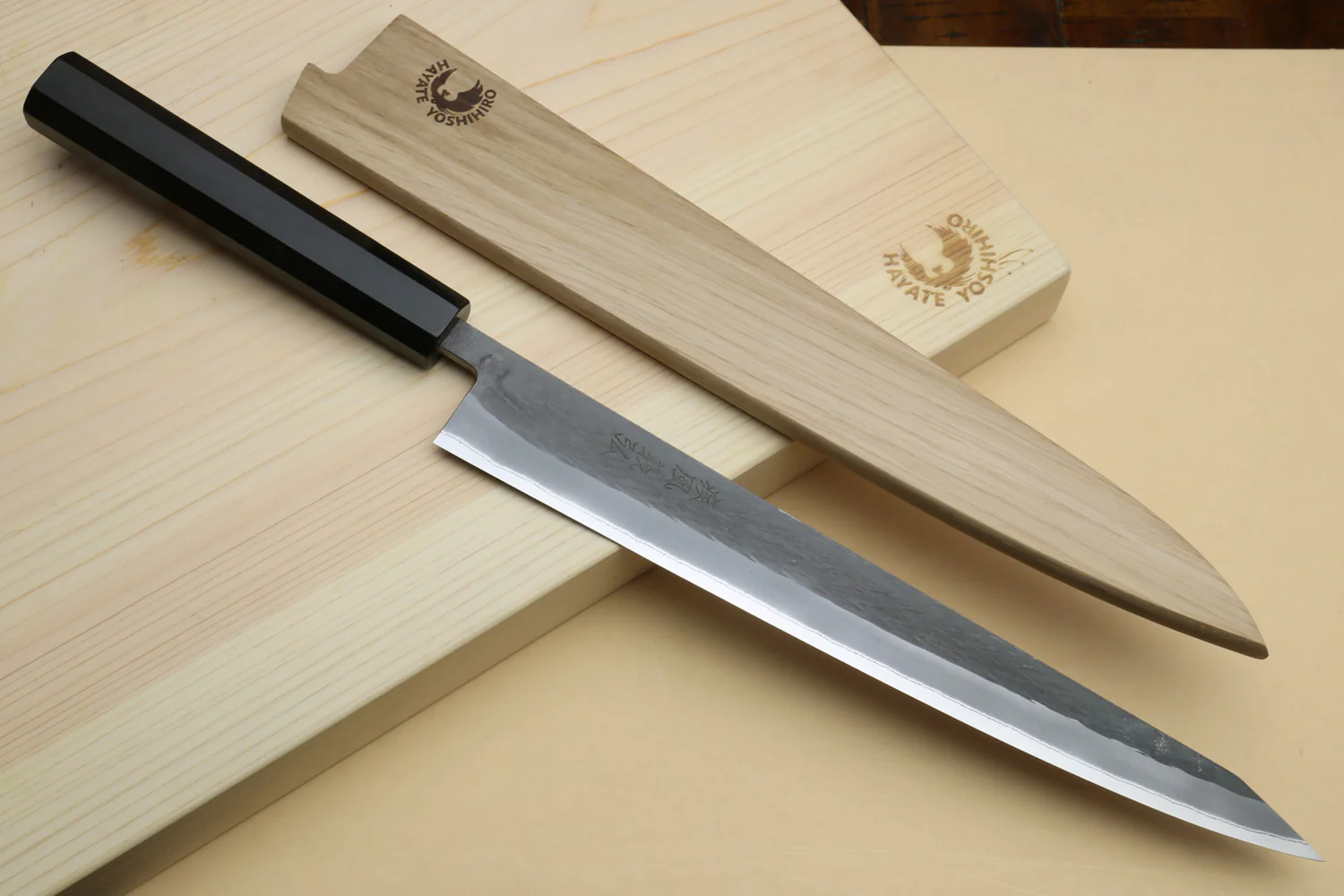 Yoshihiro Kurouchi Black-Forged Blue Steel Stainless Clad Sujihiki Kiritsuke Slicer Knife (Ebony Handle)