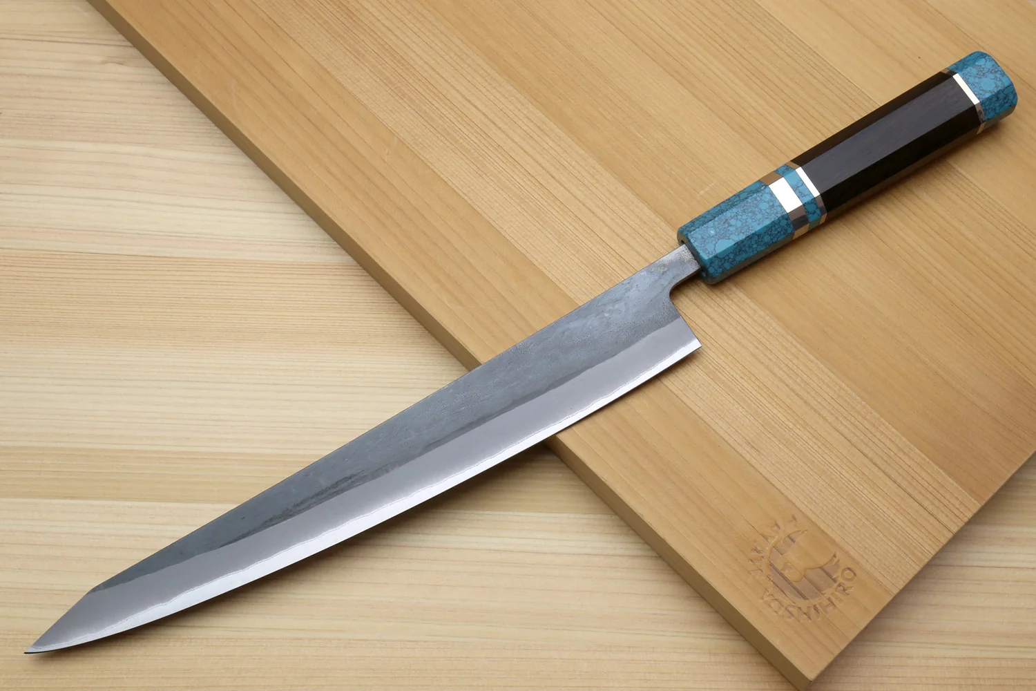 Yoshihiro Kurouchi Black-Forged Blue Steel Stainless Clad Sujihiki Kiritsuke Slicer Knife (Turquoise Blue Handle) — 9.5" (240mm) - Image 4