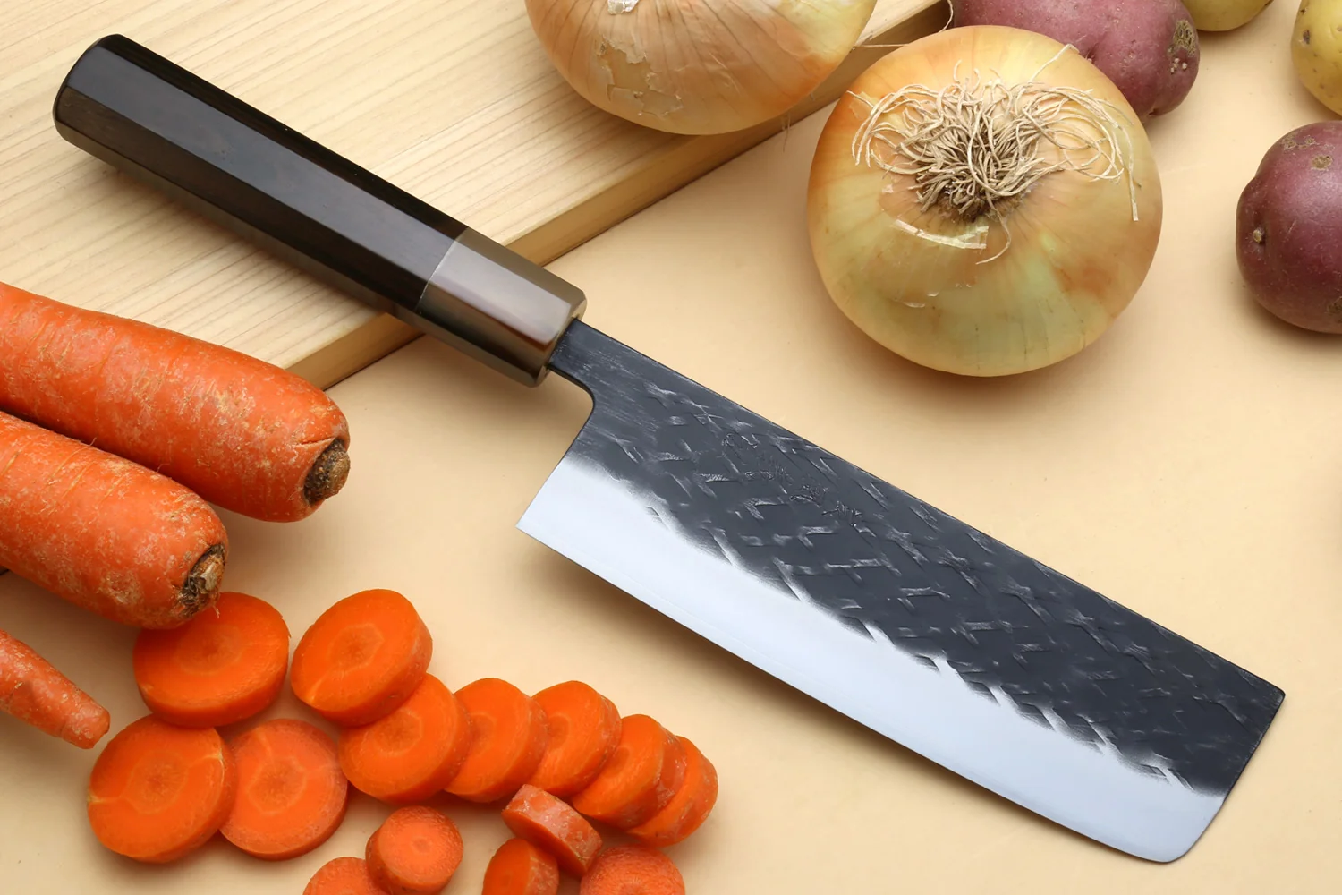 Yoshihiro Kurouchi Stainless Clad Nashiji High Performance SLD (Gyuto, Santoku, Nakiri, Sujihiki-Kiritsuke & Petty) 5pc Knife Set with Magnolia Saya - Image 4