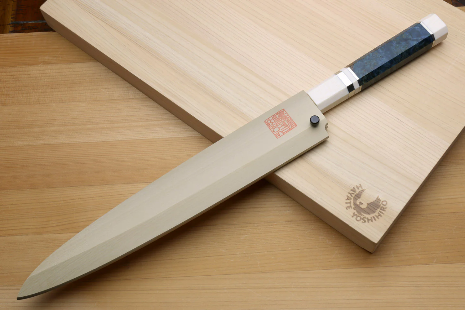 Yoshihiro Left-Handed Ginsan Mirror Polished Stain Resistant Steel Yanagi Sushi Sashimi Japanese Knife Octagonal Handle with Alternative Ivory Bolster - Image 8