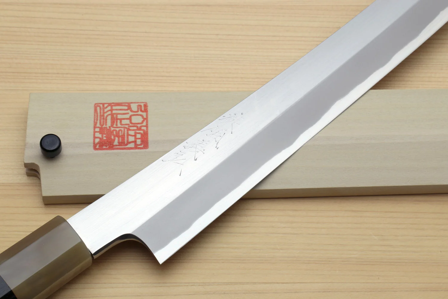 Yoshihiro Masashi Hongasumi White Steel Curved Sakimaru Takobiki Sushi Sashimi Japanese Knife Ebony Handle - Image 2
