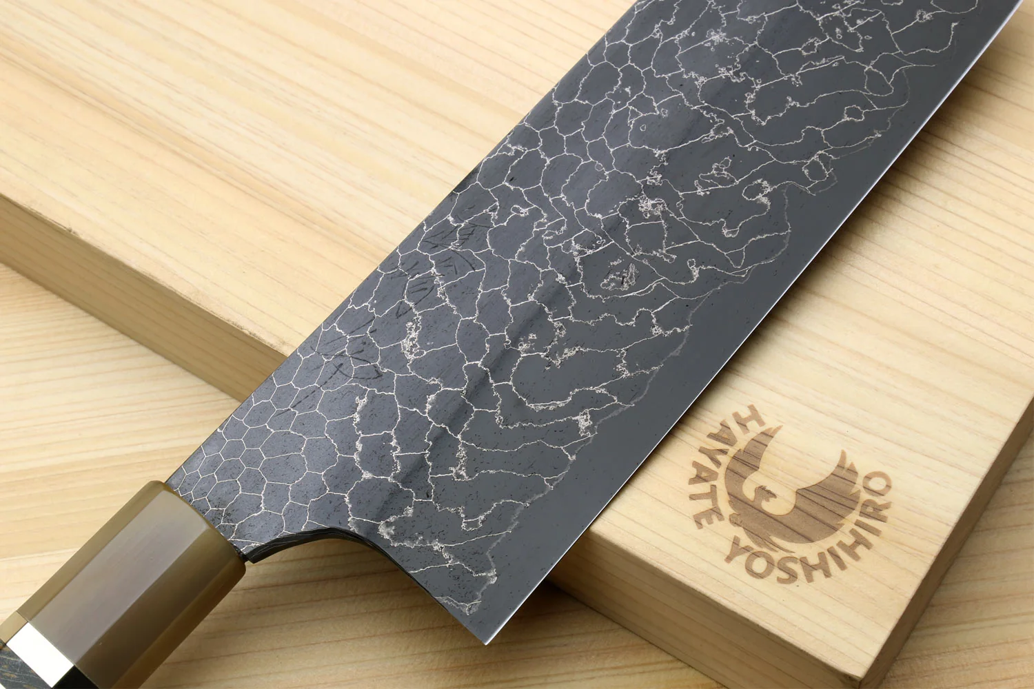 Yoshihiro Mazaki Hon-Sanmai Snake Skin Pattern Damascus Kurouchi Black-Forged Blue Steel Nakiri Vegetable Knife, Mazaki Limited Edition (Blade Length: 165mm) - Image 3