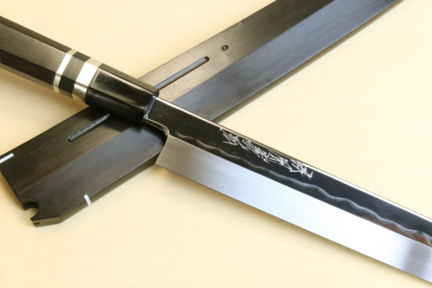 Yoshihiro Mizu Honyaki Mirror-Finished Namiukashi White Steel #2 Yanagi Kiritsuke Sushi Sashimi Japanese Knife Triple Nickel Silver Ring Ebony Handle and Saya - Image 2