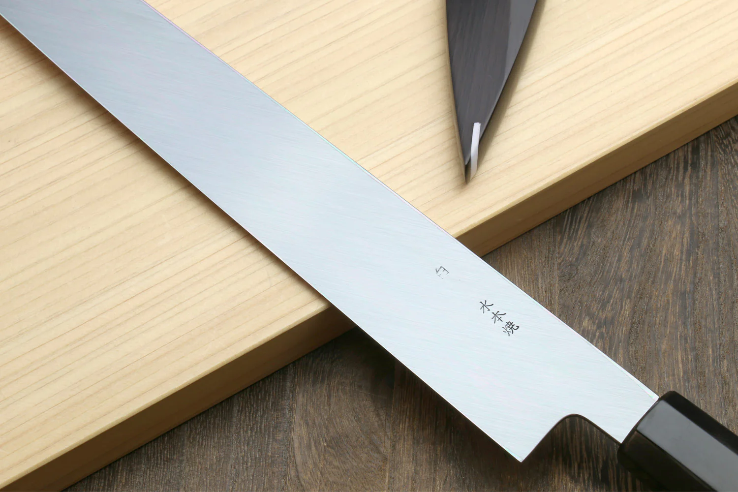 Yoshihiro Mizu Honyaki Mirror-Finished Namiukashi White Steel #2 Yanagi Sushi Sashimi Japanese Knife Triple Nickel Silver Ring Ebony Handle and Premium Ebony Saya - Image 5