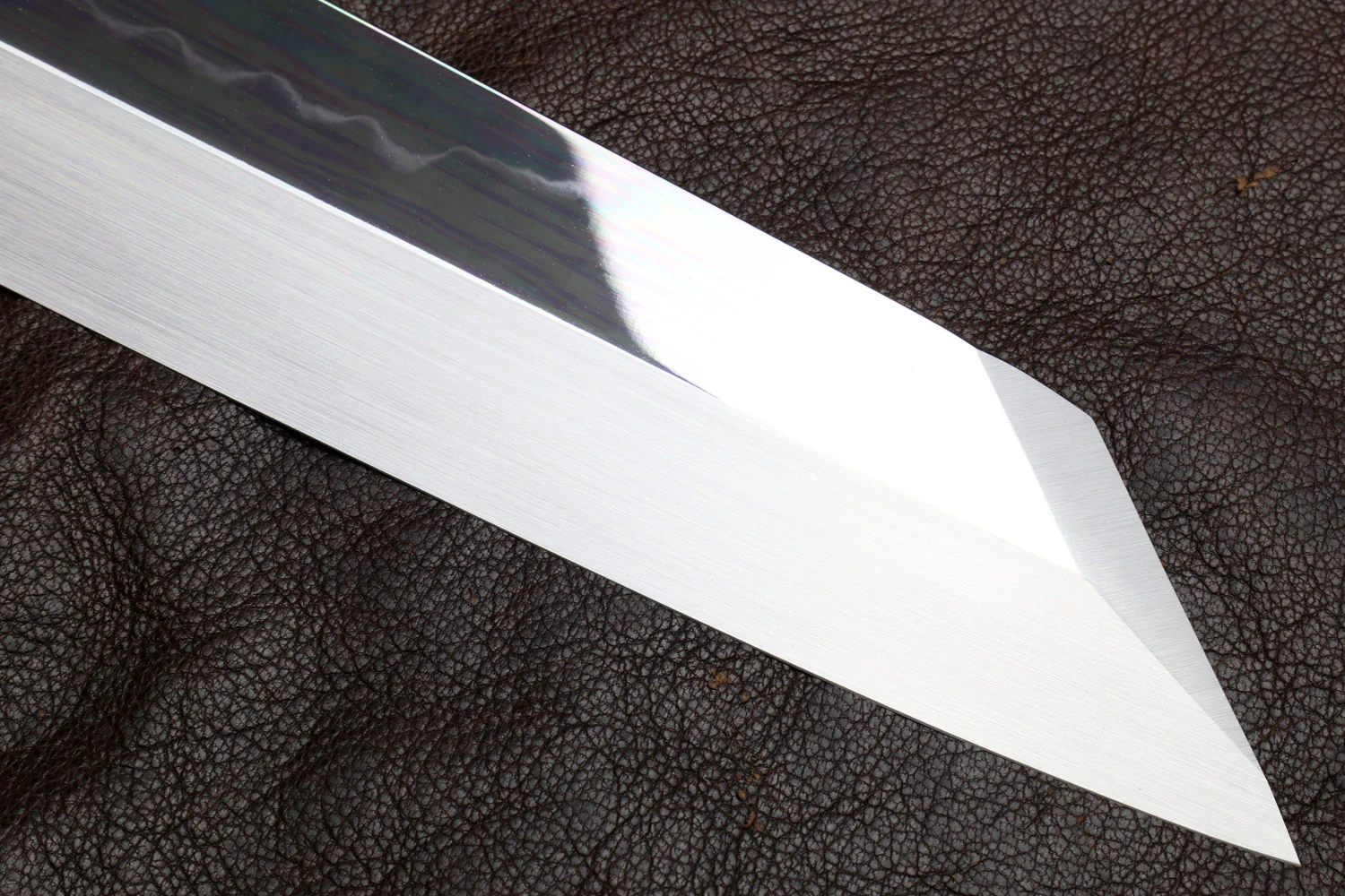 Yoshihiro Mizu Honyaki White Steel #1 Mirror Polished Mt. Fuji with Crescent Moon Kiritsuke with Oct. Ebony Triple Nickel Silver Ring Handle and Ebony Saya - Image 5