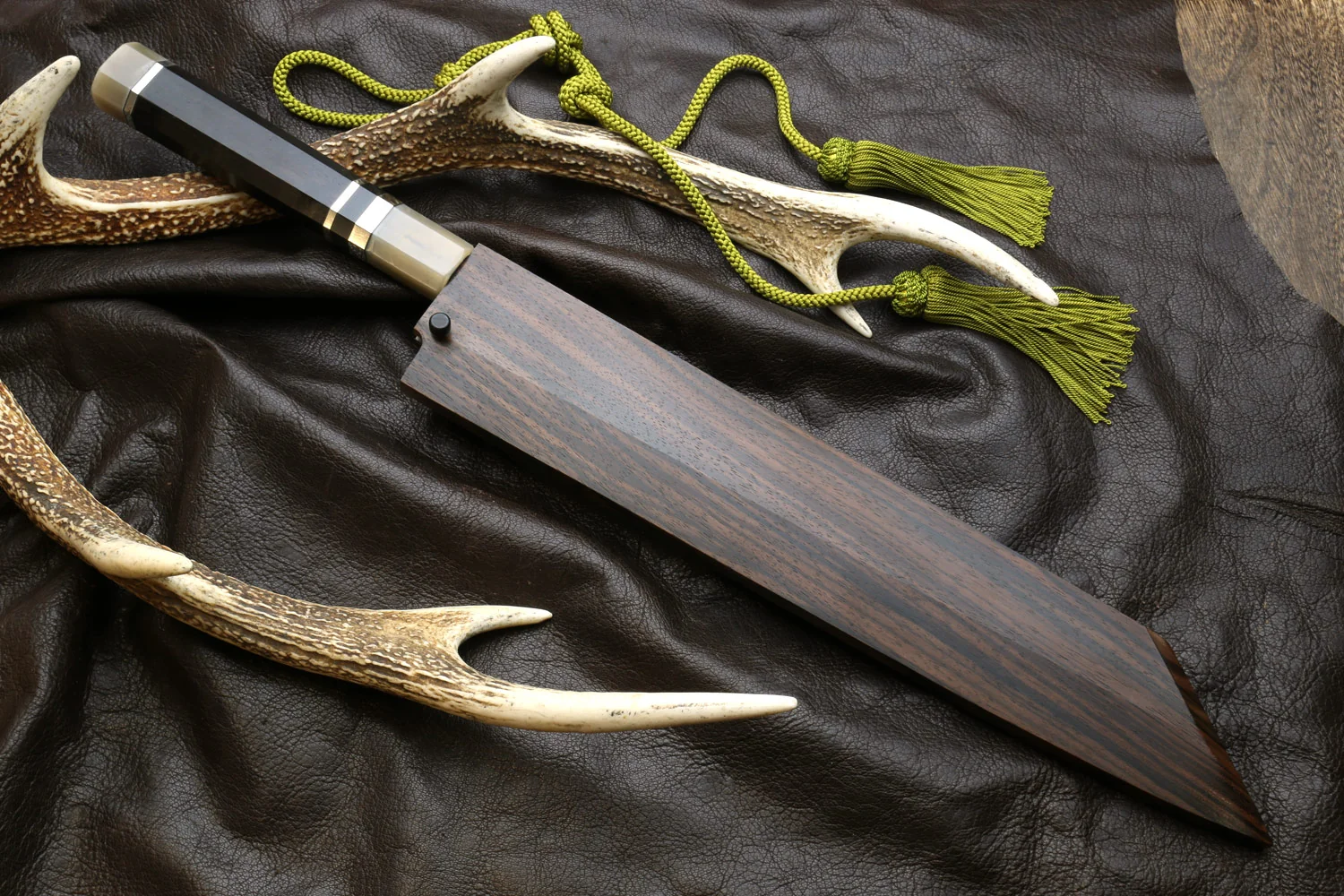 Yoshihiro Mizu Honyaki White Steel #1 Mirror Polished Mt. Fuji with Crescent Moon Kiritsuke with Oct. Ebony Triple Nickel Silver Ring Handle and Ebony Saya - Image 8