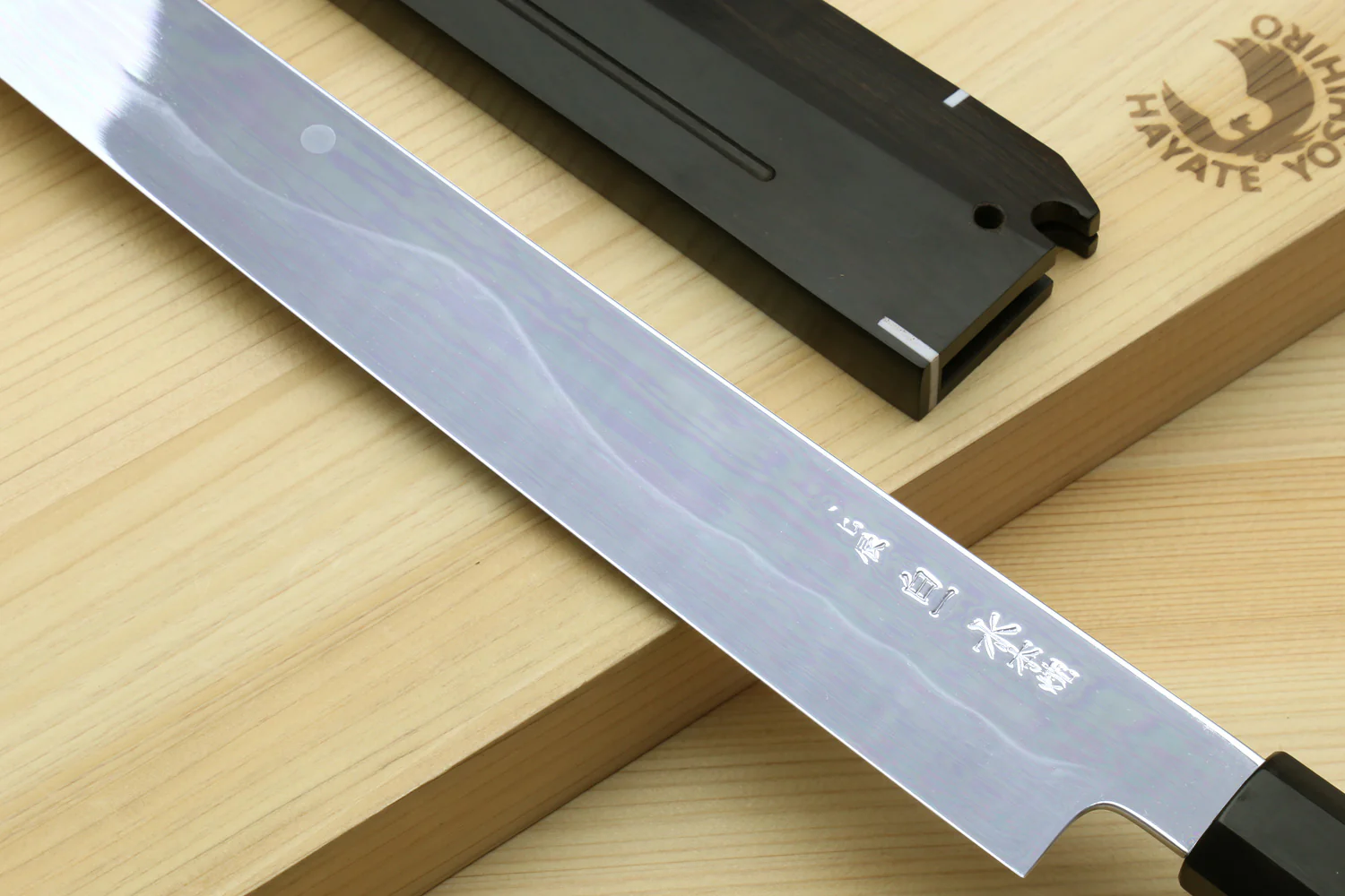 Yoshihiro Mizu Honyaki White Steel #1 Two Sided Mirror-Finished Mt. Fuji Namiukashi Sakimaru Takobiki Premium Ebony Handle with Ebony Cover 13" (330mm) - IKEDA Limited Edition - Image 4